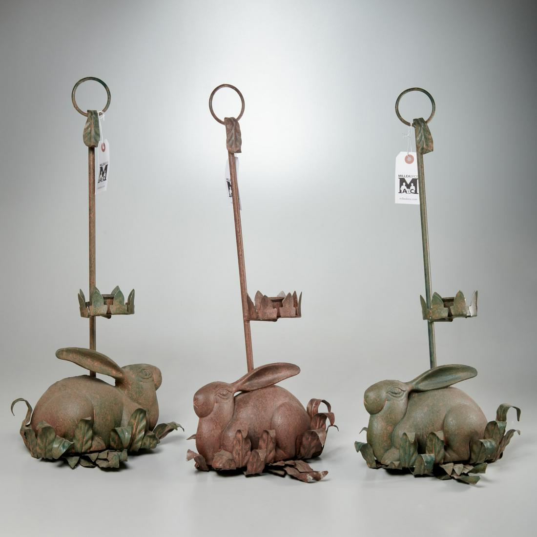 (3) cast iron rabbit wall sconce / candle holders: (3) cast iron rabbit wall sconce / candle holders, 20th c., unmarked, 24"h x 11.5"w x 5.5"d