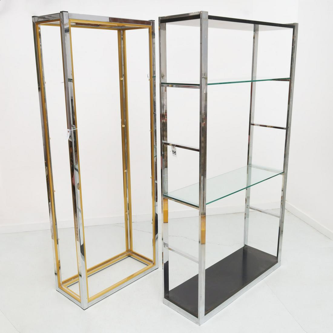 (2) Modernist chrome etageres, incl. Renato Zevi: (2) Modernist chrome etageres, incl. Renato Zevi, 20th c., incl. a chrome and brass etagere attributed to Renato Zevi, and chrome and black laminate shelving display, each unmarked, 78.25"h x 42"w x 1
