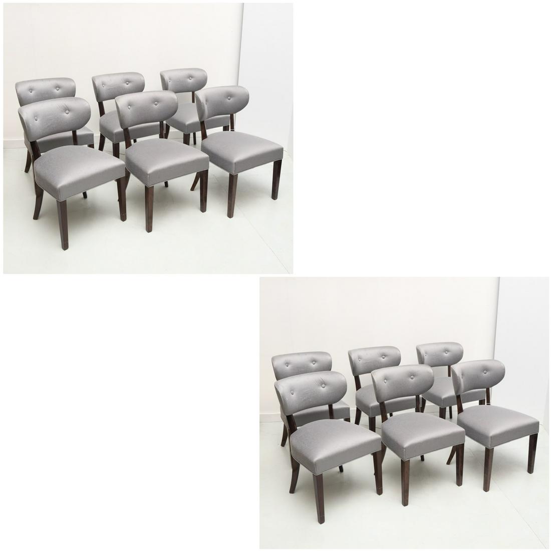 Set (12) Dunbar style dining chairs: Set (12) Dunbar style dining chairs, 21st c., each with gray upholstered seat and back, tufted back rest, and lacquered legs, unmarked, 31.25"h x 20"w x 19.25"d Provenance: Property removed from 834 F