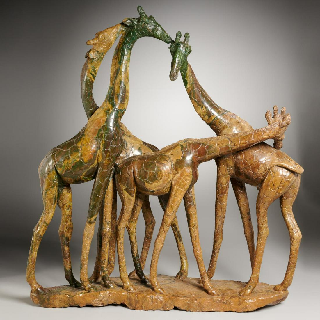 Huge Zimbabwe stone giraffe group, signed: Huge Zimbabwe stone giraffe group, signed, 20th c., Herd of 5 giraffes carved from multi-color brown, tan and green stone, incised "STAN. RUNYANGA" on the base, approx. 30"h x 26"w x 8"d