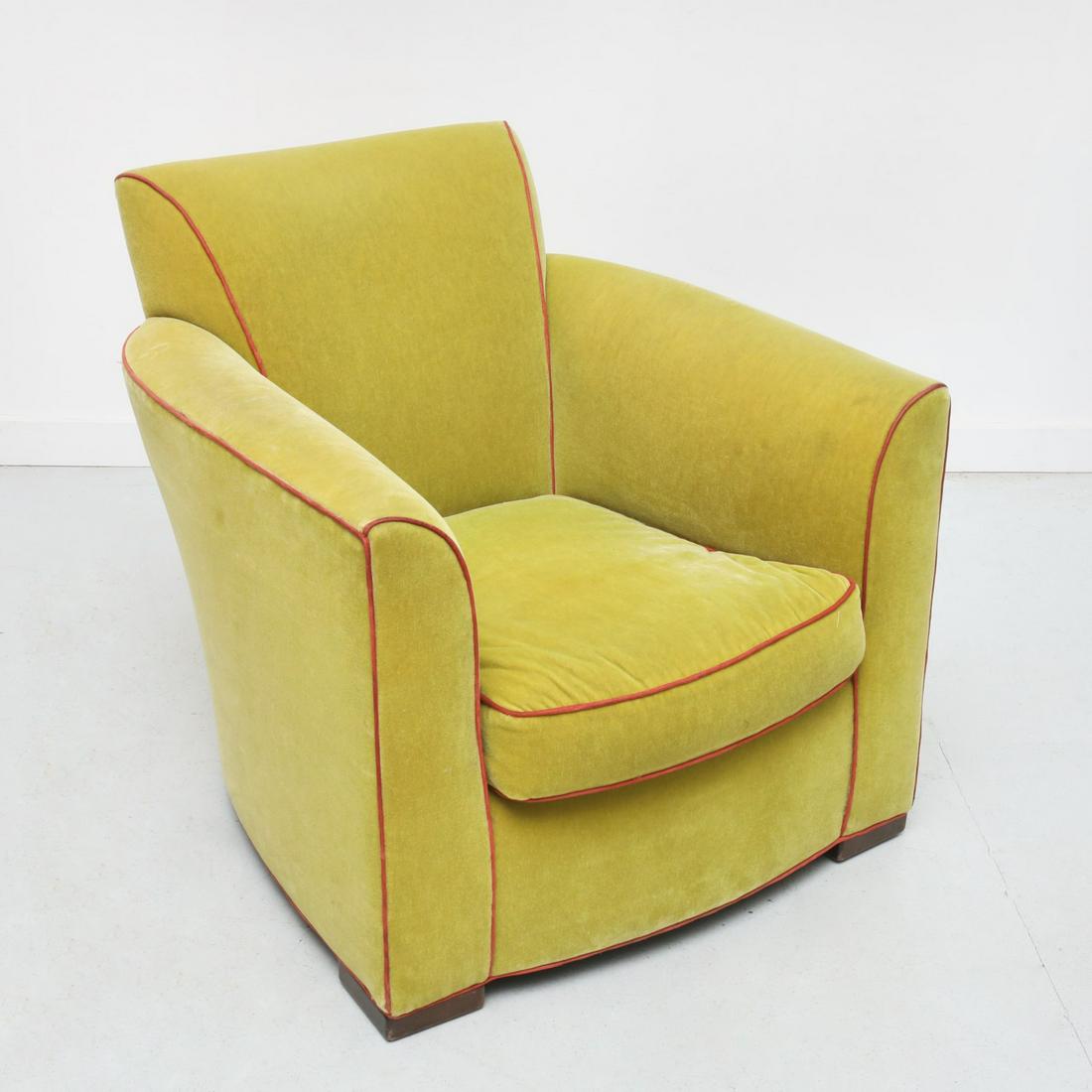 Donghia Art Deco style club chair: Donghia Art Deco style club chair, 20th c., lime green upholstery and raspberry welting, unmarked, 32.75"h x 31"w x 30"d