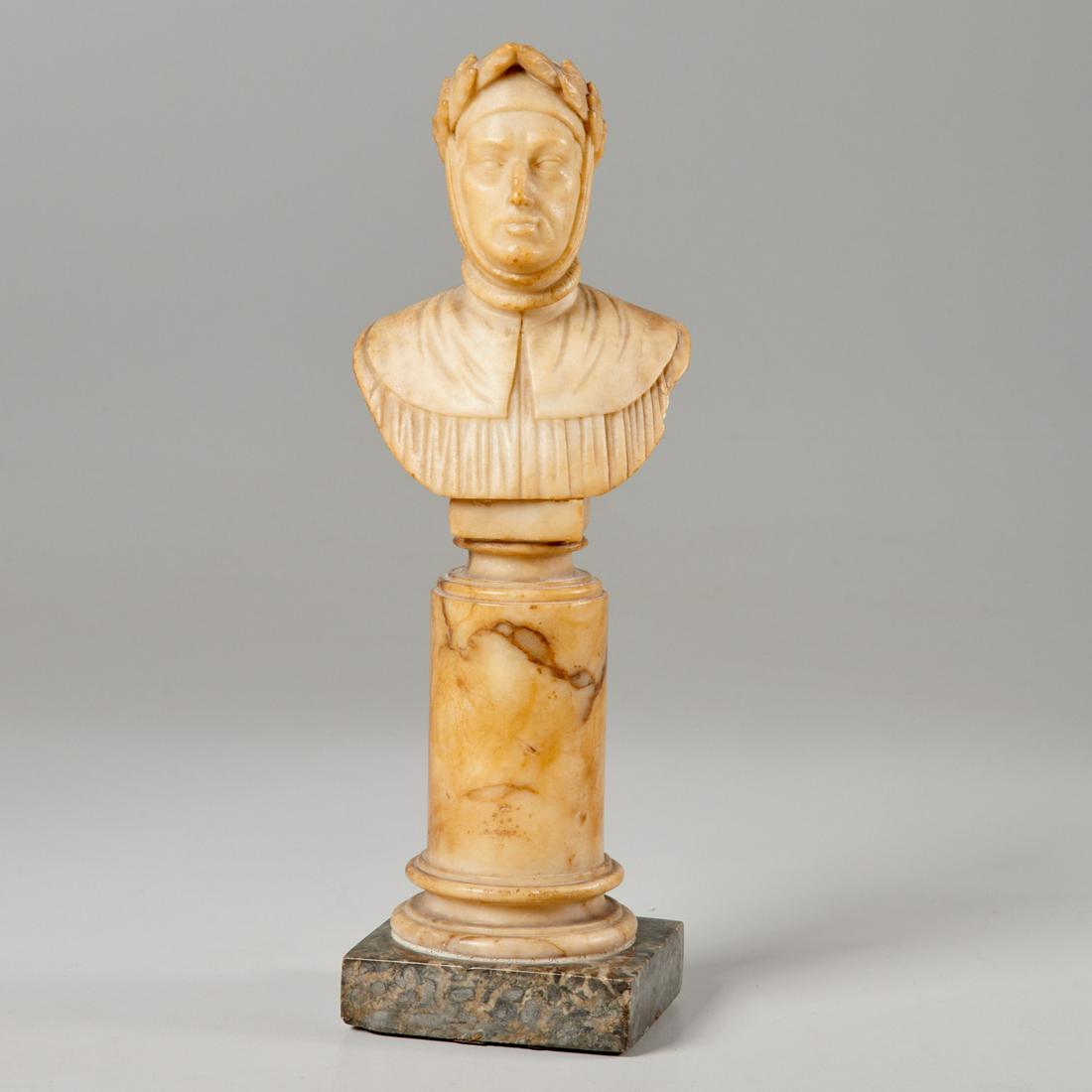 Italian School, carved alabaster bust of Dante: Italian School, carved alabaster bust of Dante, Italian School (19th c.), Bust of Dante, carved alabaster, on column plinth, mounted on marble base, unsigned, Sotheby's Parke-Bernet lot sticker label 