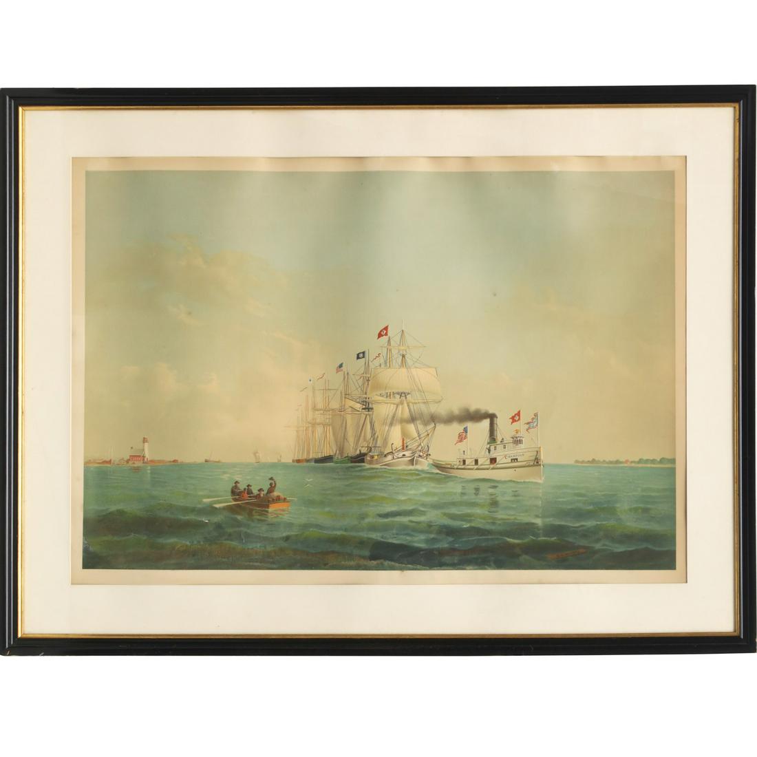 Seth Arca Whipple, large maritime print: Seth Arca Whipple, large maritime print, Seth Arca Whipple (American, 1855-1901), "Tug Champion", c. 1878, lithograph in colors on wove paper, 25.5"h x 36.75"w (sight), 33.75"h x 45"w (frame) Provenan