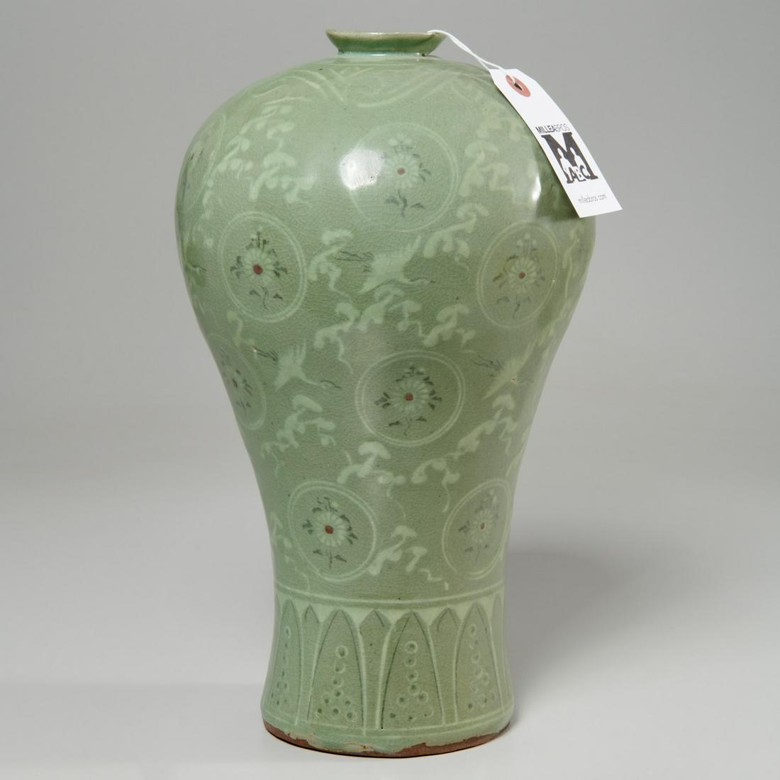 Korean Koryo style celadon meiping vase: Korean Koryo style celadon meiping vase, 19th/20th c., with crane and encircled flower decoration, drilled for lamp, impressed mark to underside, 13.5"h x 7.5"w