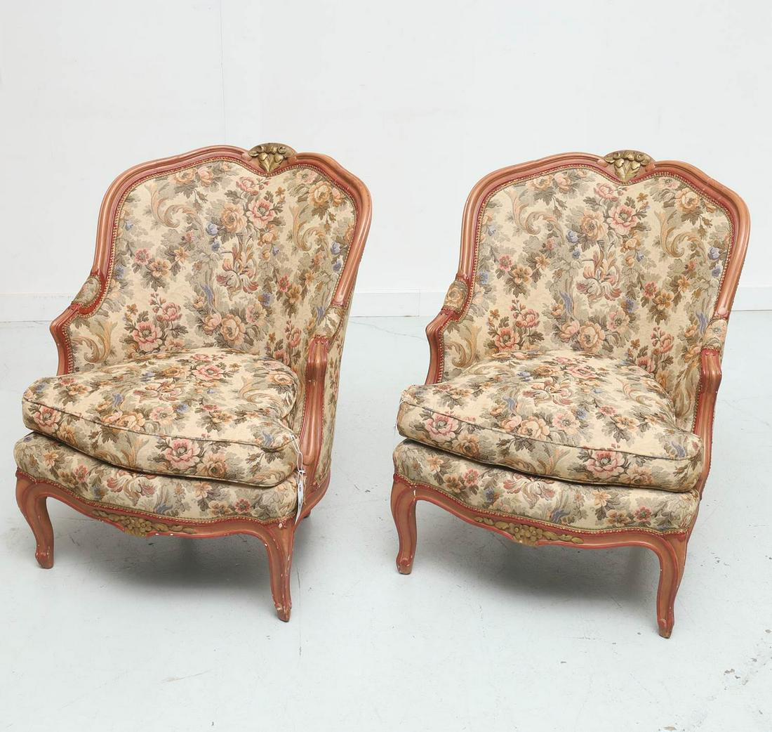 Pair Louis XV style paint decorated bergeres: Pair Louis XV style paint decorated bergeres, 20th c., nice quality, painted frames, tapestry style floral upholstery, unmarked, 32.5"h x 25"w x 30"d