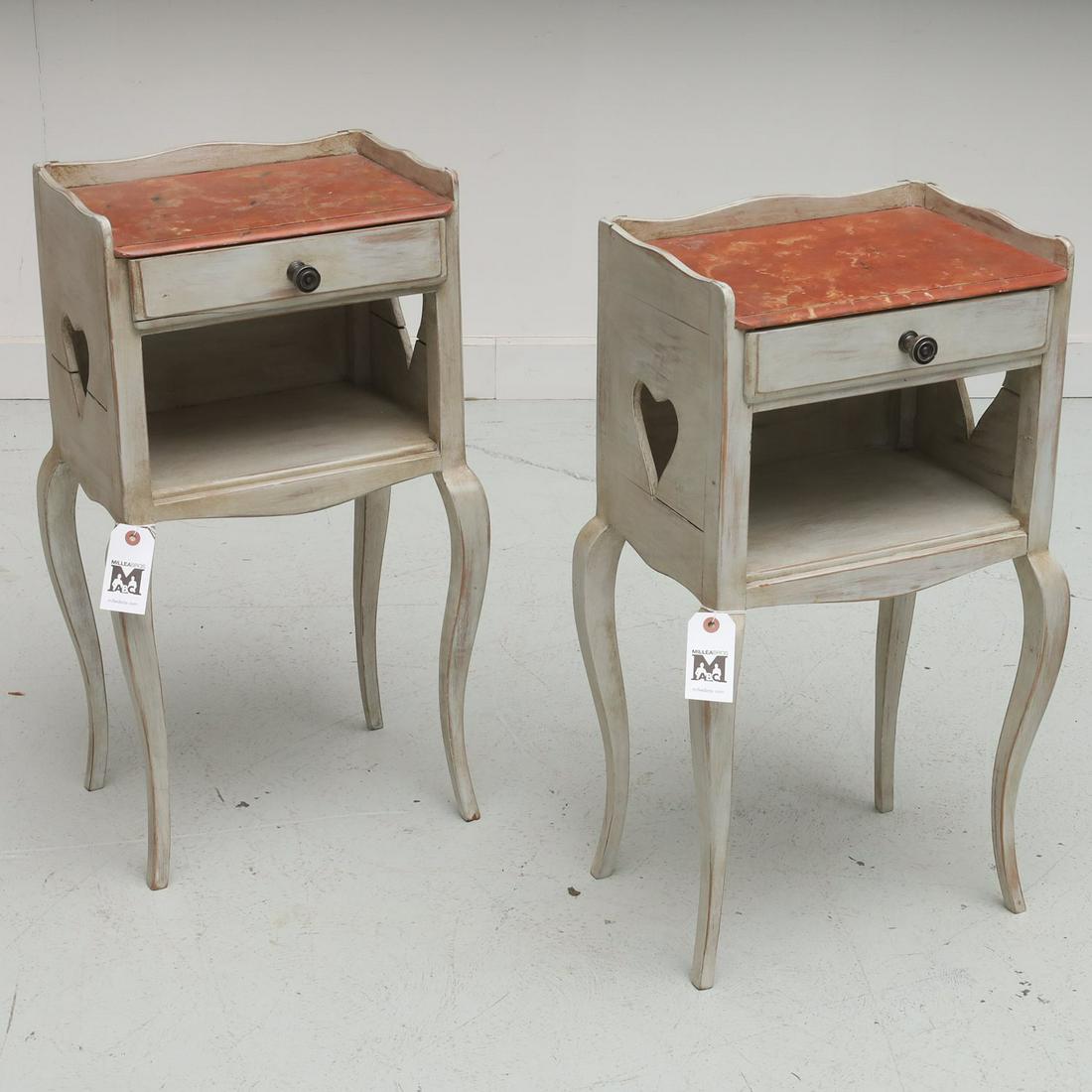 Pair Louis XV style faux painted night tables: Pair Louis XV style faux painted night tables, 20th c., with faux marbleized rouge painted tops, carved heart cut outs to side, single drawer, on cabriole legs, unmarked, 27"h x 15.25"w x 11"d Provena
