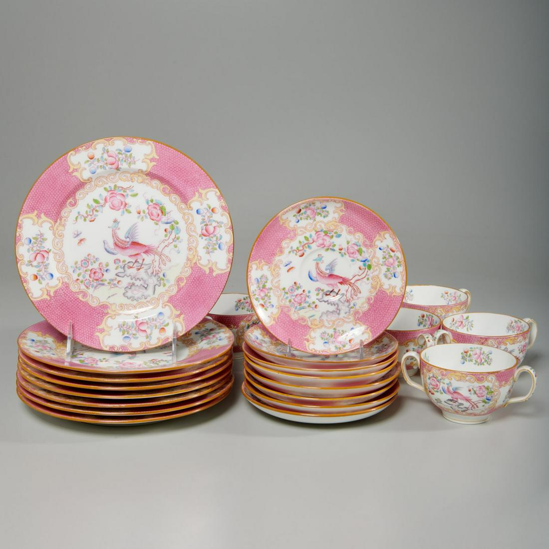 Mintons pink "Cockatrice" dessert set: Mintons pink "Cockatrice" dessert set, 20th c., English, (8) porcelain dessert plates, (8) cups, and (8) saucers, "Mintons" maker's mark to undersides, 7.75"dia. (plate), 2.25"h x 5"w x 3.5"d (cup), 5