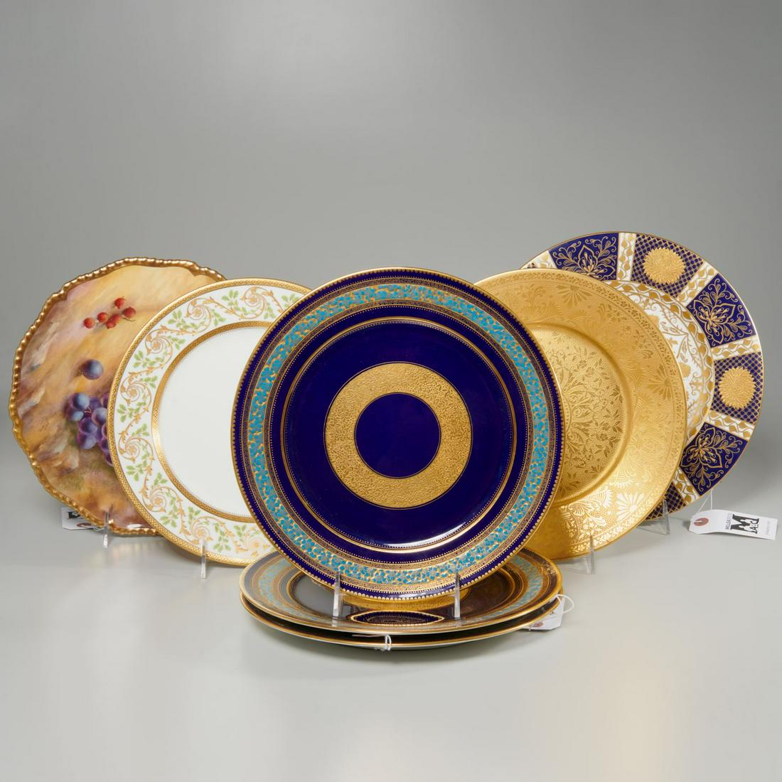 Group fine gilt porcelain cabinet plates: Group fine gilt porcelain cabinet plates, 19th/20th c., (7) gilt porcelain cabinet, dinner, and service plates, incl. (3) richly decorated cobalt banded and turquoise raised enamel plates, unmarked, (