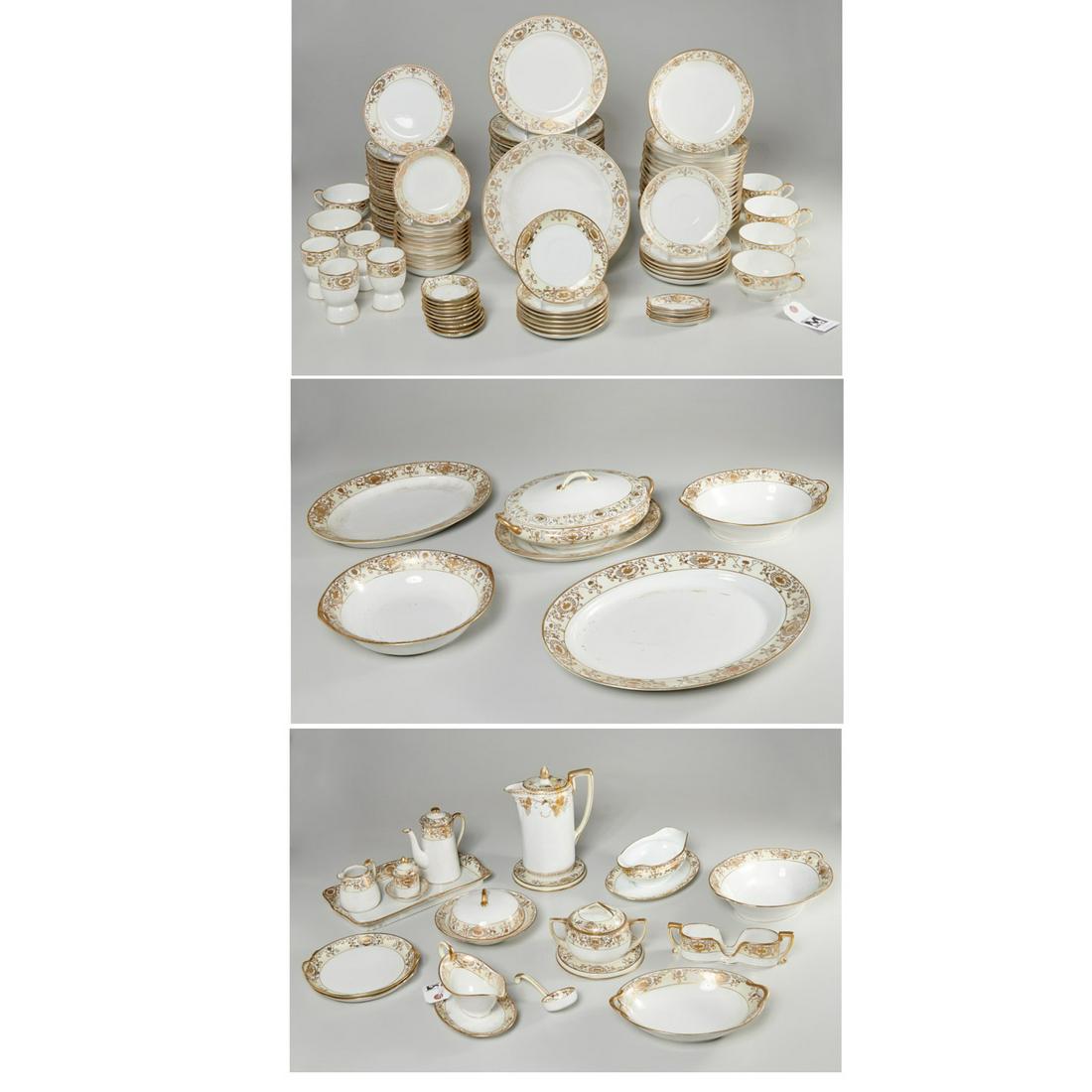 Large assembled Japanese dinnerware service: Large assembled Japanese dinnerware service, 20th c., (130+) pieces, incl. Noritake and Nippon, in similar patterns, porcelain dinnerware with white central ground, pale cream yellow banding, and rais