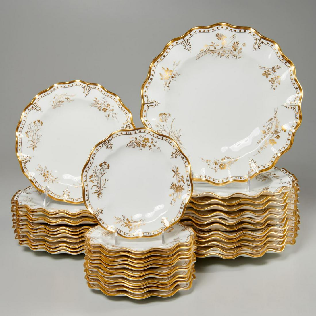 (36) piece Royal Crown Derby parcel gilt: (36) piece Royal Crown Derby parcel gilt, dinnerware 20th c., English, "Royal St. James" pattern porcelain plates, incl. (12) each: dinner, salad, and bread plates, each with floral and beaded gilt de