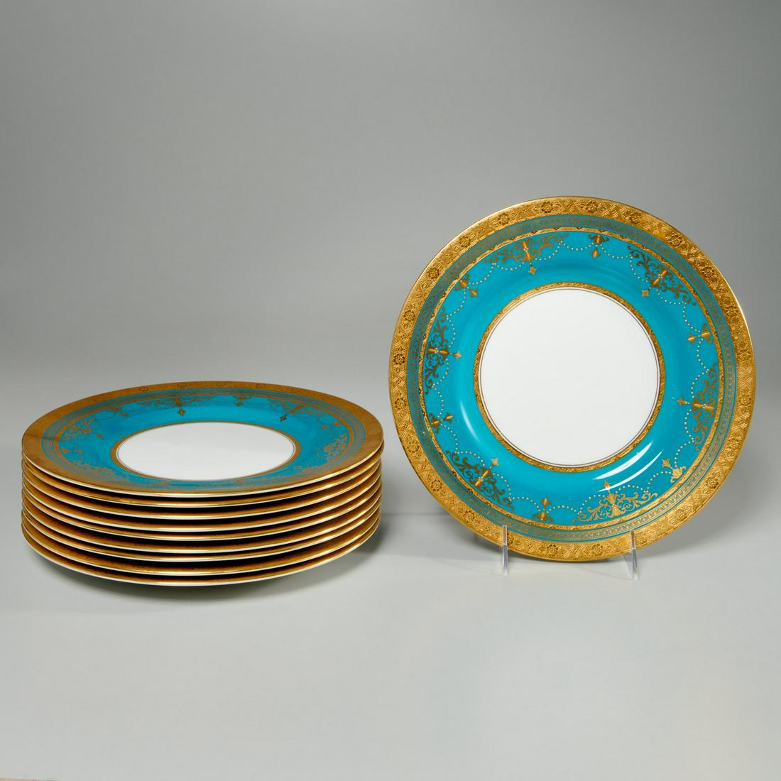Fine set (10) Minton gilt turquoise dinner plates: Fine set (10) Minton gilt turquoise dinner plates, 20th c., English, porcelain dinner (cabinet) plates, having a turquoise banded border, with gilt scroll and bead decoration, and gilt banding along e