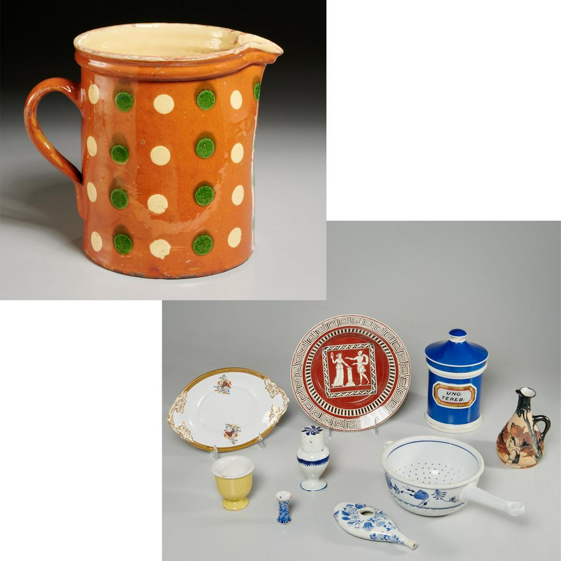 Continental & English assorted ceramics: Continental & English assorted ceramics, 19th/20th c., (10) pieces, incl. a York Glass Co. ceramic apothecary jar, impressed mark, blue onion sifter, small Ciboure French pitcher, signed, Grecian deco