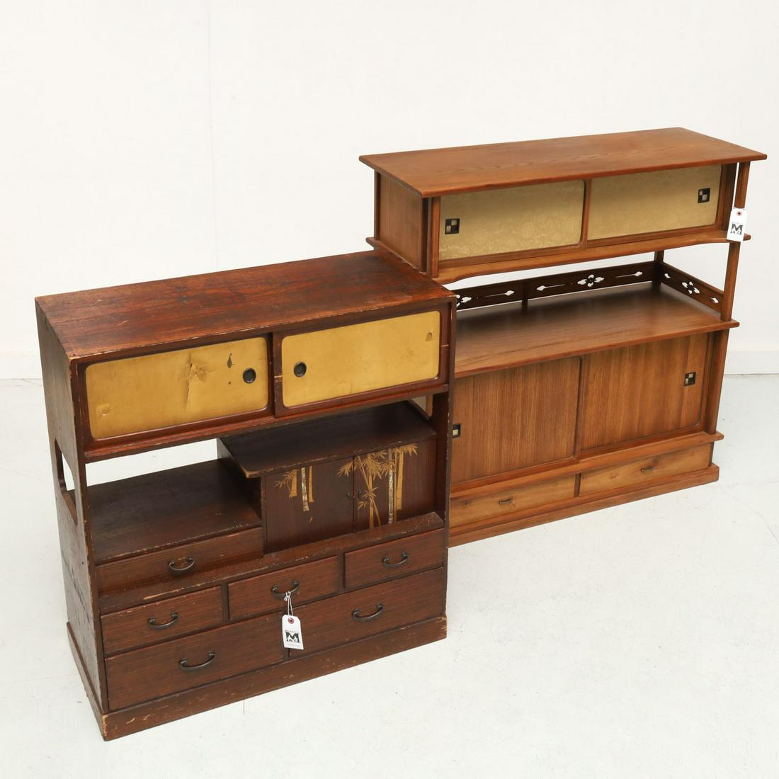 (2) antique Japanese tansu cabinets: (2) antique Japanese tansu cabinets, 20th c., one with brocade fabric lined silding doors, and pierced gallery, the other with dovetailed construction, inlaid with mother of pearl bamboo design to cab