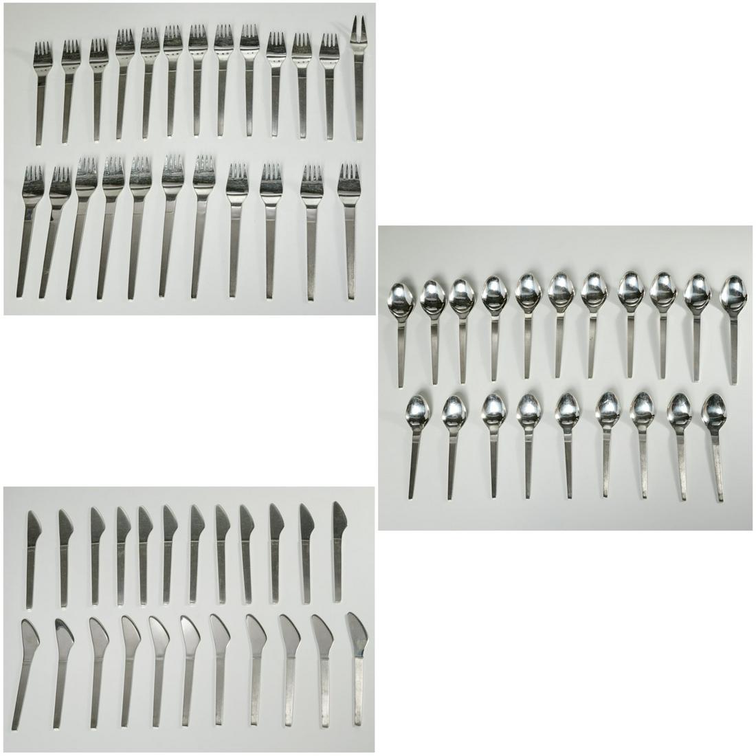 Vintage Danish Modern stainless flatware set: Vintage Danish Modern stainless flatware set, 20th c., incl. (11) place spoons, (11) dinner forks, (12) luncheon forks, (9) teaspoons, (11) dinner knvies, and (10) luncheon knives, stamped "Stainless,