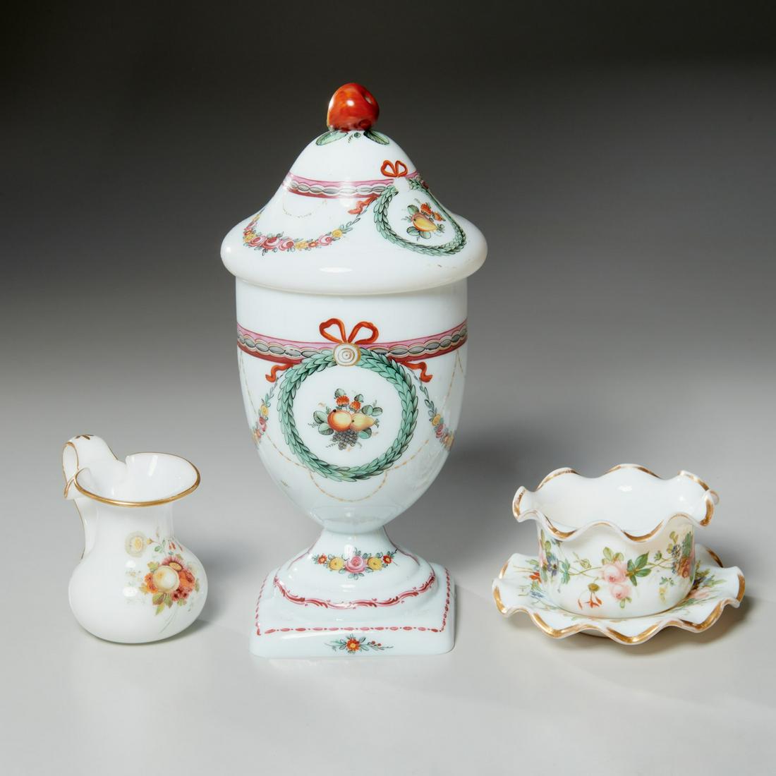 (3) hand painted and gilt opaline glass objects: (3) hand painted and gilt opaline glass objects, 19th/20th c., (3) pieces, incl. a sweet meat covered jar, small ruffled open sugar bowl with under plate and creamer, each unmarked, 12.5"h x 5.5"w (la