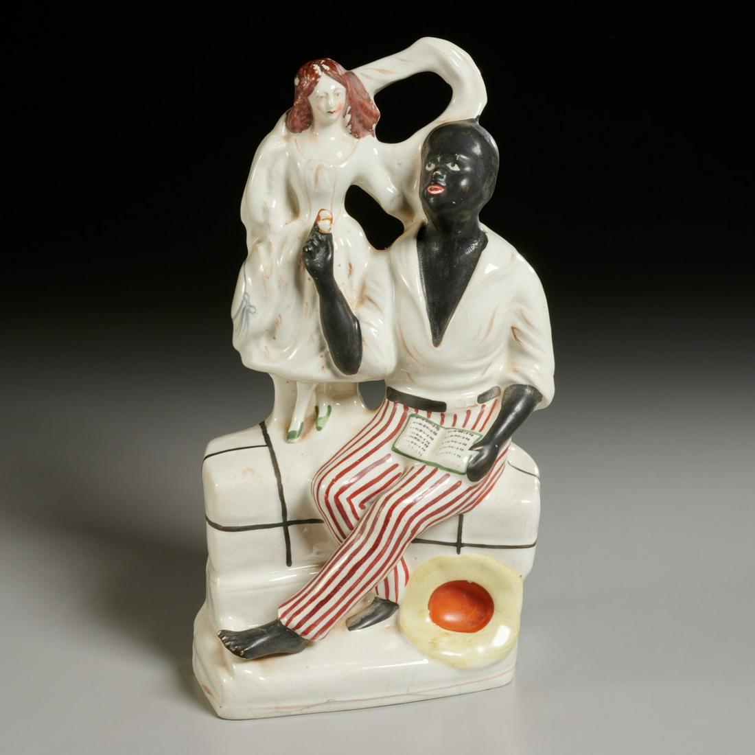 Staffordshire style Uncle Tom & Eva figure: Staffordshire style Uncle Tom & Eva figure, c. 1870, polychrome painted ceramic, unmarked, 11"h x 6"w x 4"d Provenance: Property from a Prominent Oyster Bay, New York Family
