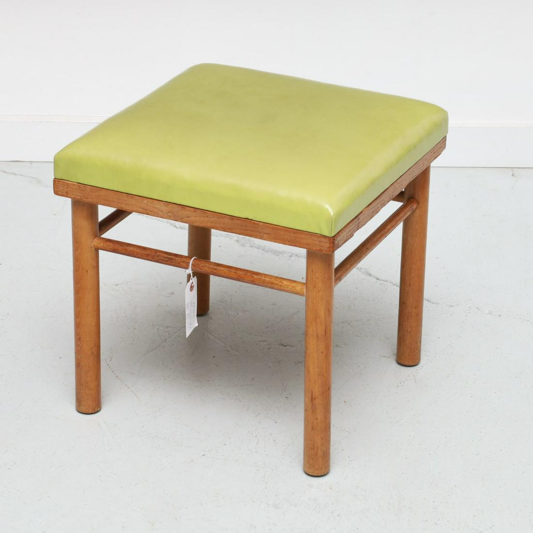 Robsjohn-GIbbings style stool: Robsjohn-GIbbings style stool, Mid 20th c., limed oak and green naugahyde, unmarked, 17"h x 17"squ.