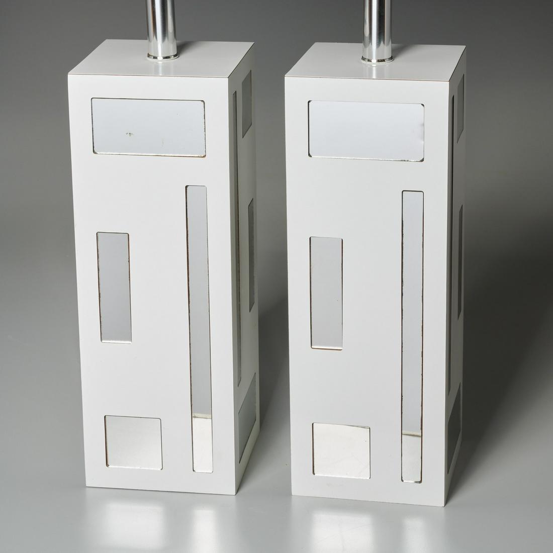 Pair vintage Modernist table lamps: Pair vintage Modernist table lamps, c. 1980s, white plastic laminate and mirror tiles, 21.5"h x 5.5"squ.(total) Provenance: Property removed from 834 Fifth Avenue, NY