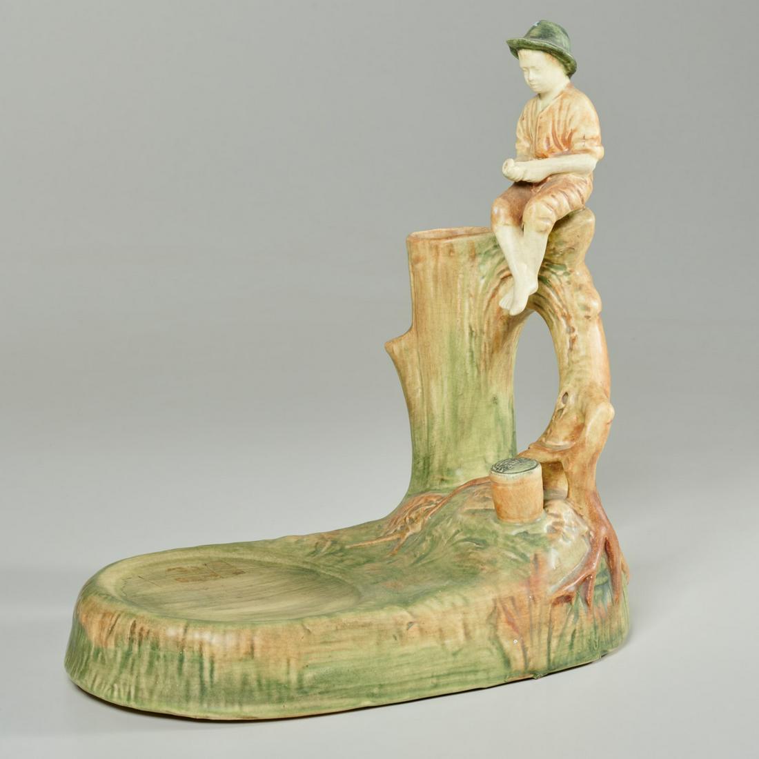 Weller Woodcraft Muskota fish bowl holder: Weller Woodcraft Muskota fish bowl holder, 20th c., art pottery fisher boy on branch fishing, 10.5"h x 12.5"w x 6"d
