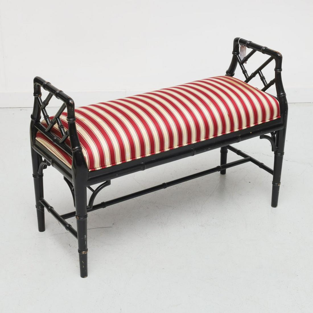 Black lacquered faux bamboo bench: Black lacquered faux bamboo bench, Mid 20th c., in the manner of Billy Baldwin, with red and white damask upholstered seat, unmarked, 25.25"h x 35.25"w x 14.25"'d