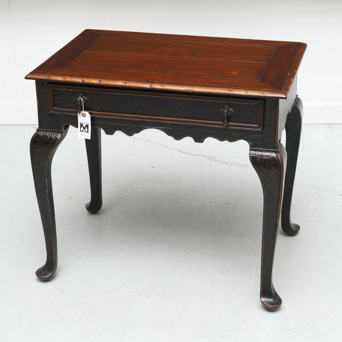Baker "Milling Road" lacquered side table: Baker "Milling Road" lacquered side table, 20th/21st c., crackle lacquered, signle drawer desk or console table, sticker label to underside, 27.5"h x 30"w x 20"d