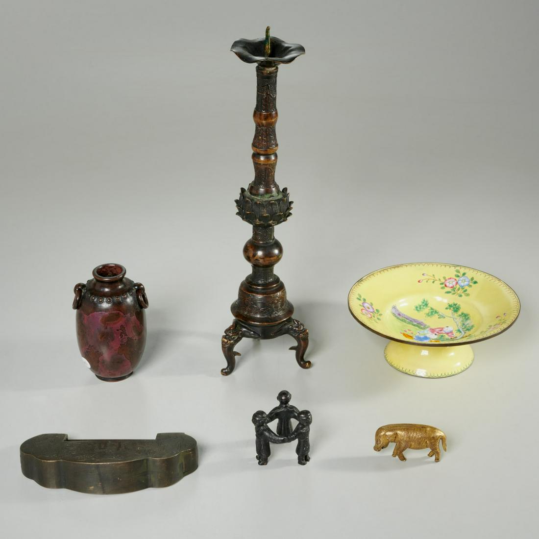 Group Chinese and Japanese bronze and enamelware: Group Chinese and Japanese bronze and enamelware, 19th/20th c., (6) pieces, incl. a candle pricket, Meiji style miniature vase, three figure stand, gilt pig figure, engraved lock, and yellow enameled 