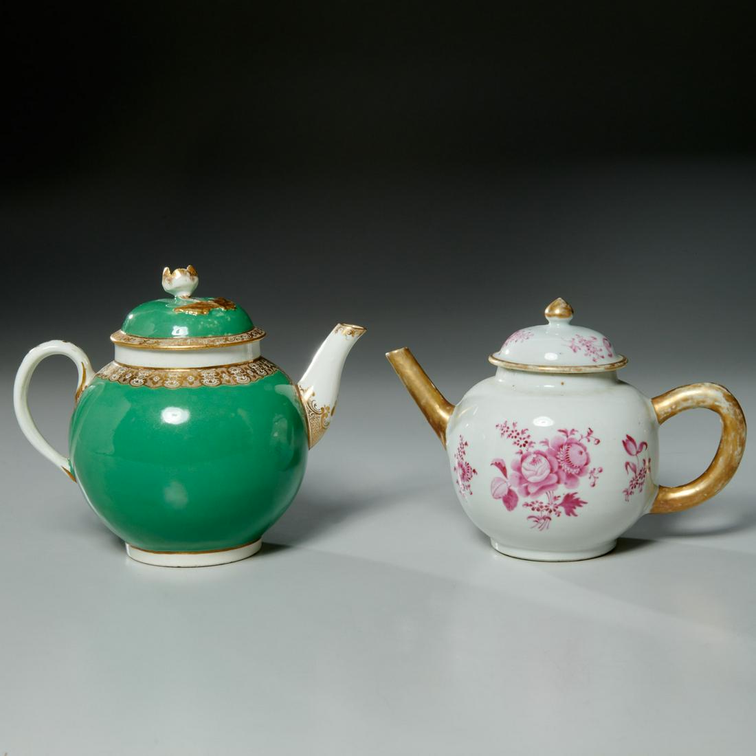 Royal Worcester & Chinese Export porcelain teapots: Royal Worcester & Chinese Export porcelain teapots, Likely 18th c., incl. a Royal Worcester green and gilt porcelain teapot with flower finial and a Chinese Export teapot with hand painted pink floral