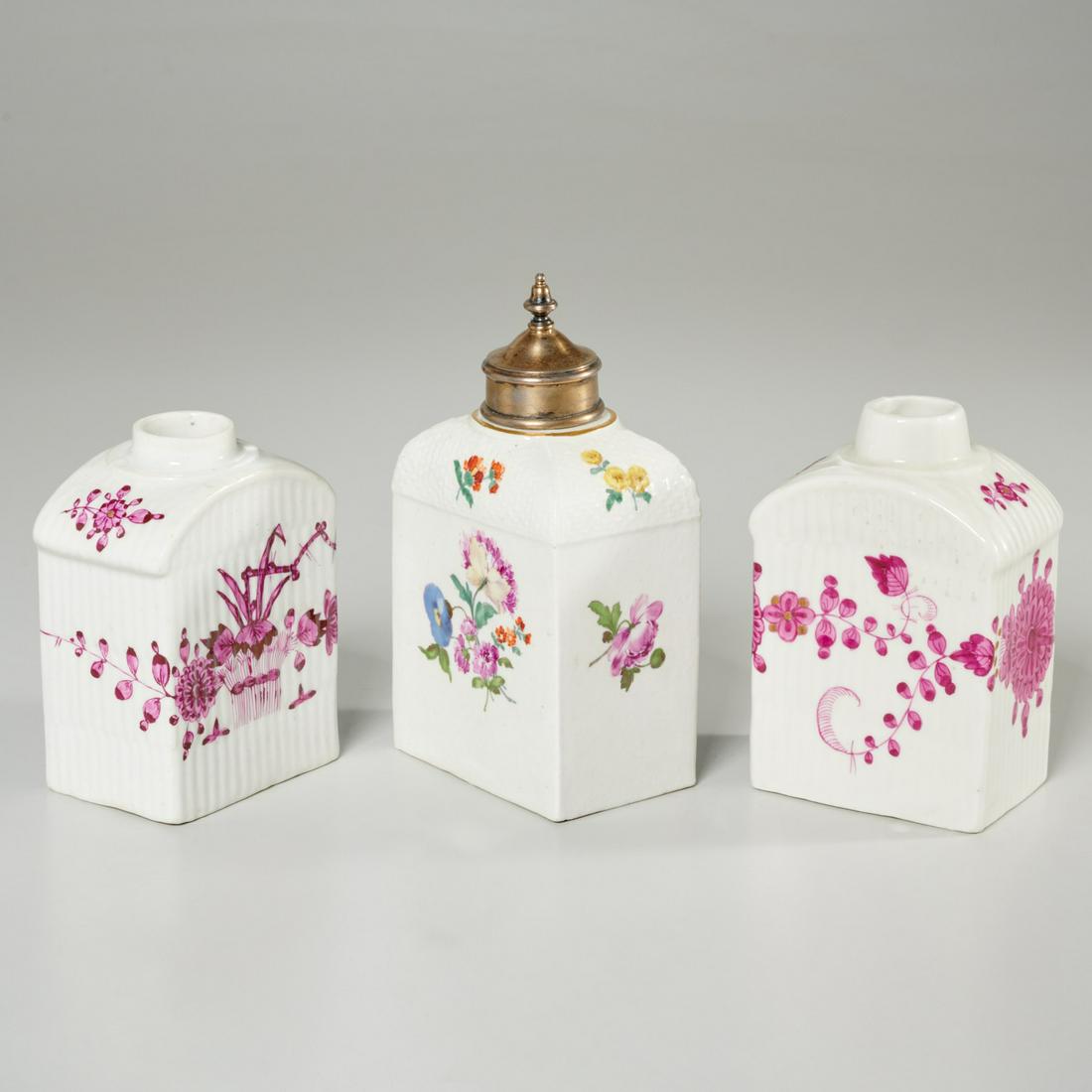 (3) antique porcelain tea caddies, incl. Meissen: (3) antique porcelain tea caddies, incl. Meissen, Late 18th/Early 19th c. incl. a silver and cork lidded polychrome floral caddy with faint blue mark to underside, a monochrome mauve floral ribbed cad