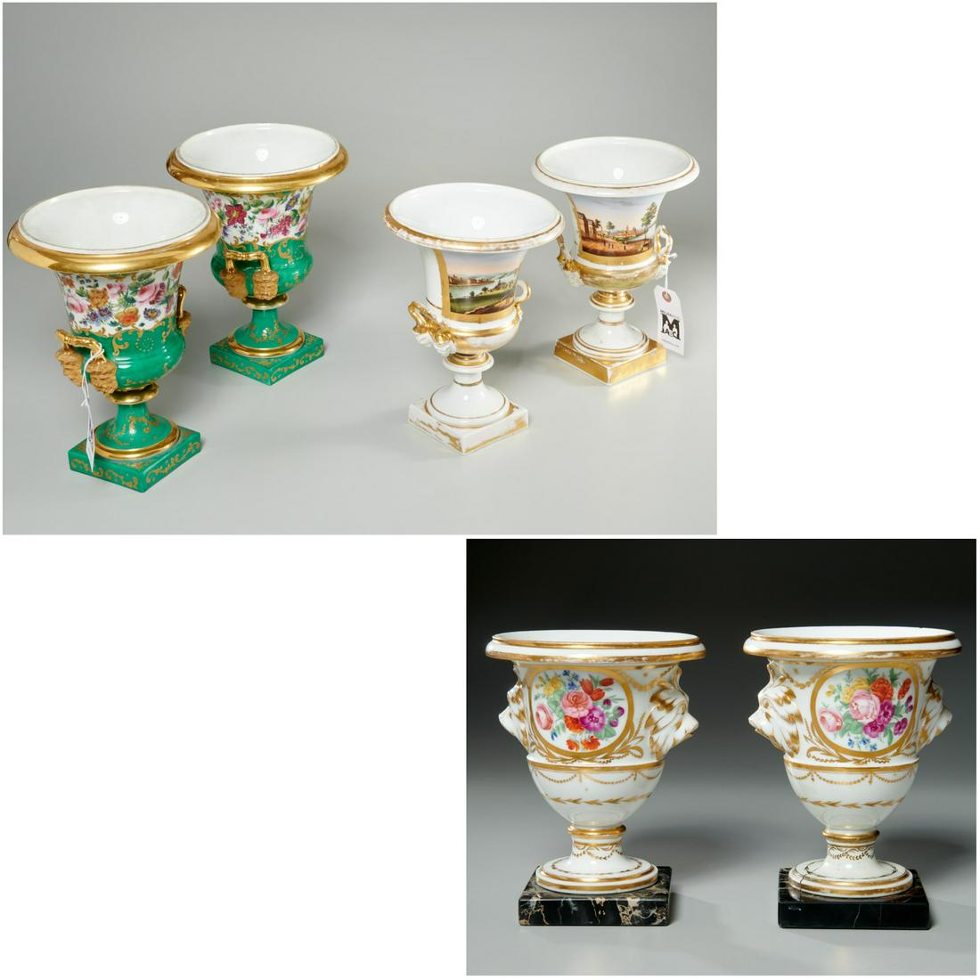 (3) pairs Continental gilt porcelain campana urns: (3) pairs Continental gilt porcelain campana urns, 19th c., incl. a pair of Old Paris green painted urns with central floral painted band, a pair of urns painted with German landmarks, and a pair of O
