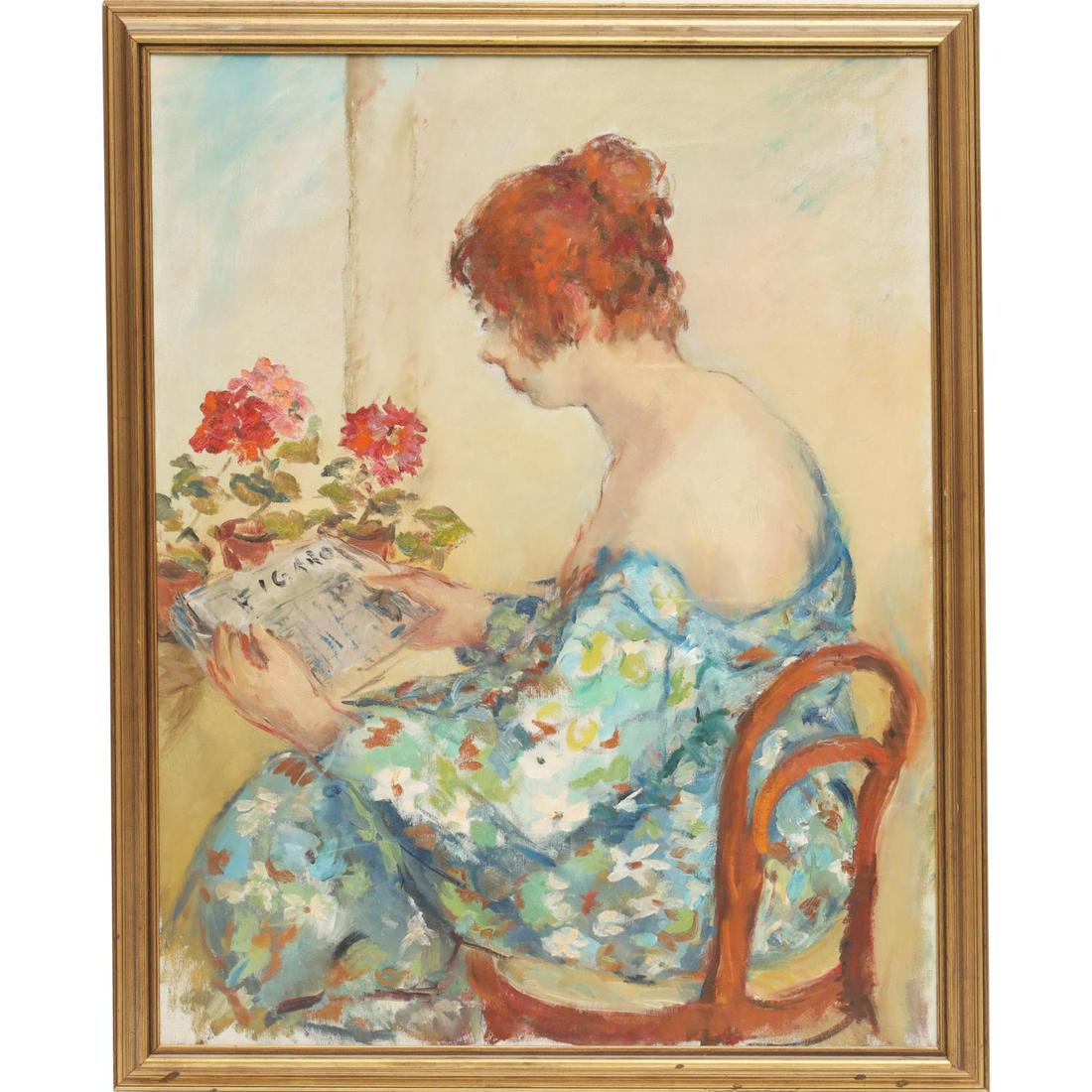 Marcel Dyf (manner of), portrait painting: Marcel Dyf (manner of), portrait painting, Manner of Marcel Dyf (French, 1899-1985), Red-headed woman reading the French morning paper "Figaro", oil on canvas, no signature observed, 27.5"h x 21.5"w (