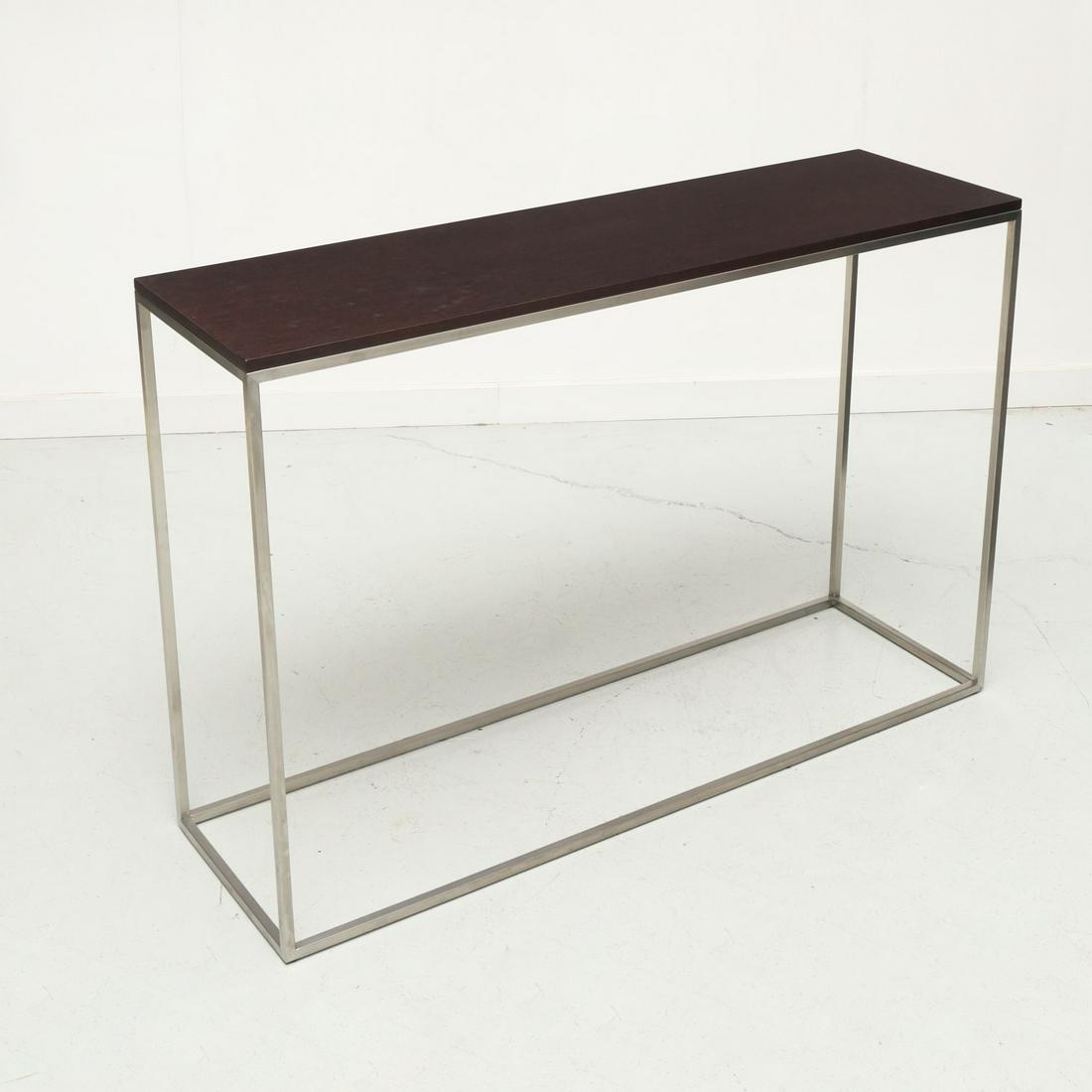 Modernist console table: Modernist console table, 21st c., contemporary, silver tone metal frame, with dark stained wood top, unmarked, 32.5"h x 48"w x 14"d