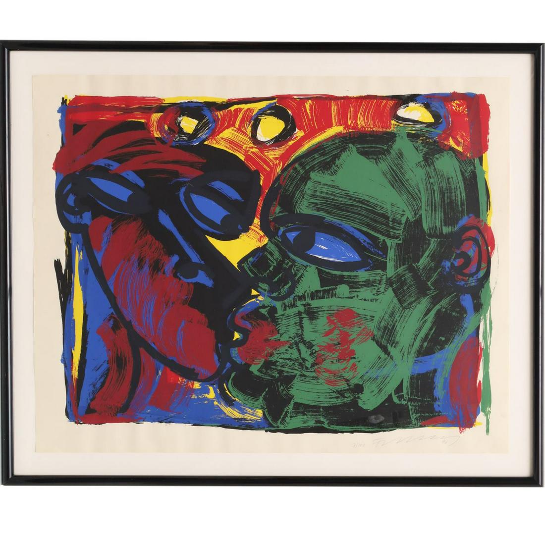 Ranier Fetting, serigraph: Ranier Fetting, serigraph, Ranier Fetting (German, b. 1949), "The Kiss", serigraph in colors on paper, 1990, signed, dated and numbered (7/100) lower margin, framed under plexiglass, 29.5"h x 37.5"w (