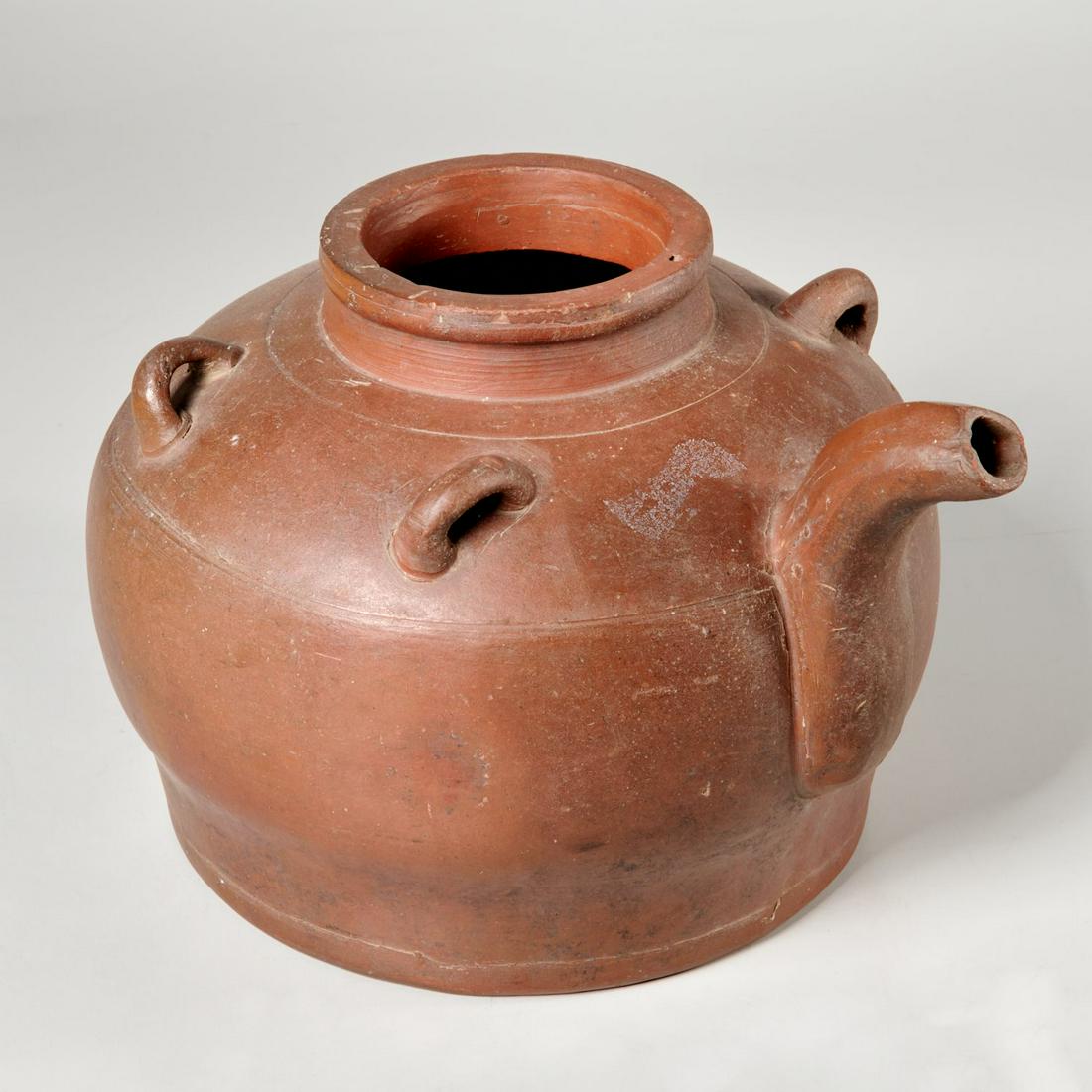 Japanese earthenware jug, ex. Wiliam Lipton: Japanese earthenware jug, ex. Wiliam Lipton, Likely 19th c., with collection sticker to underside, 8.5"h x 10.5"w