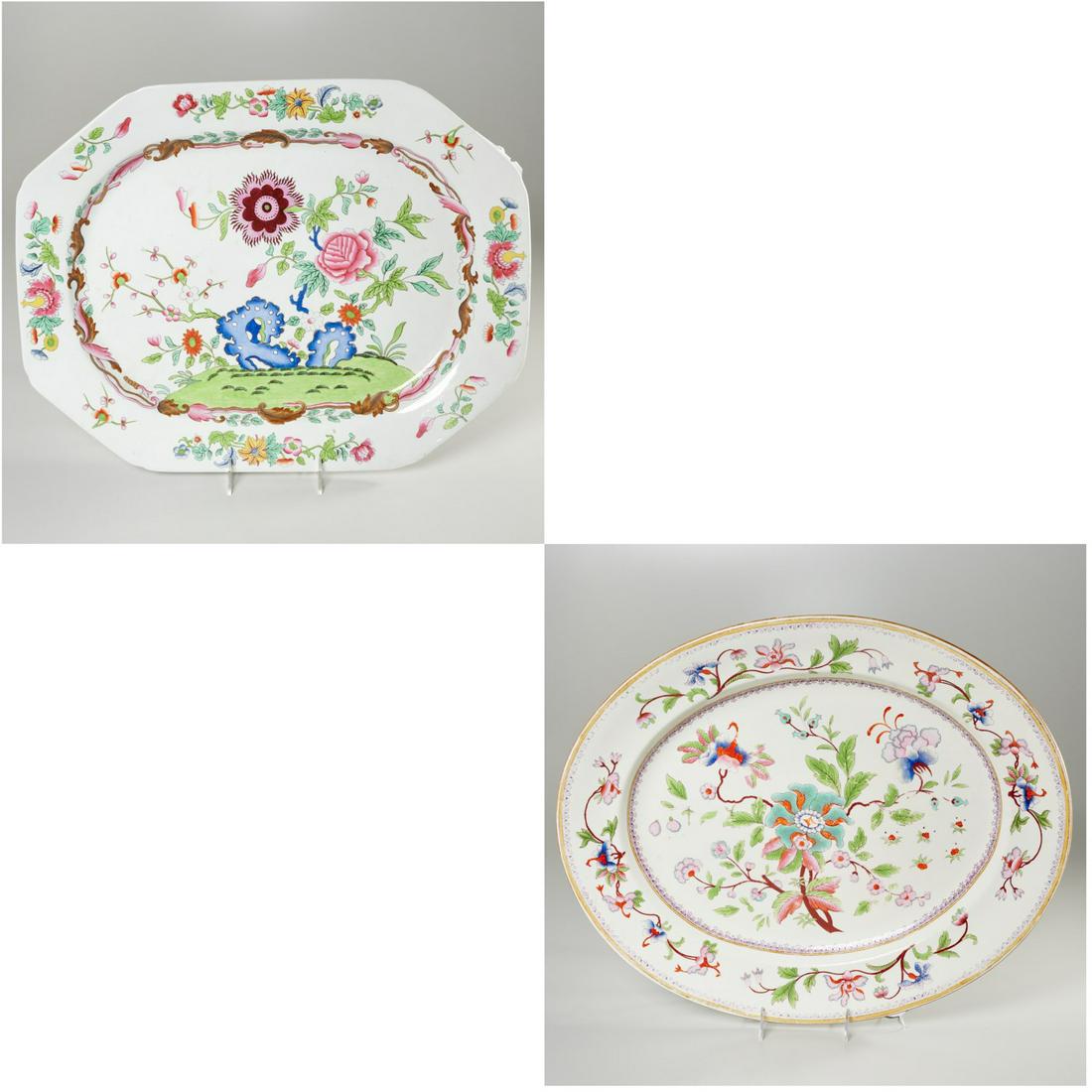 (2) antique English ironstone platters: (2) antique English ironstone platters, 19th c., incl. a Copeland & Garrett (Late Spode) Imari style platter, stamped on underside, and an Asian floral decorated platter, with faintly impressed mark t