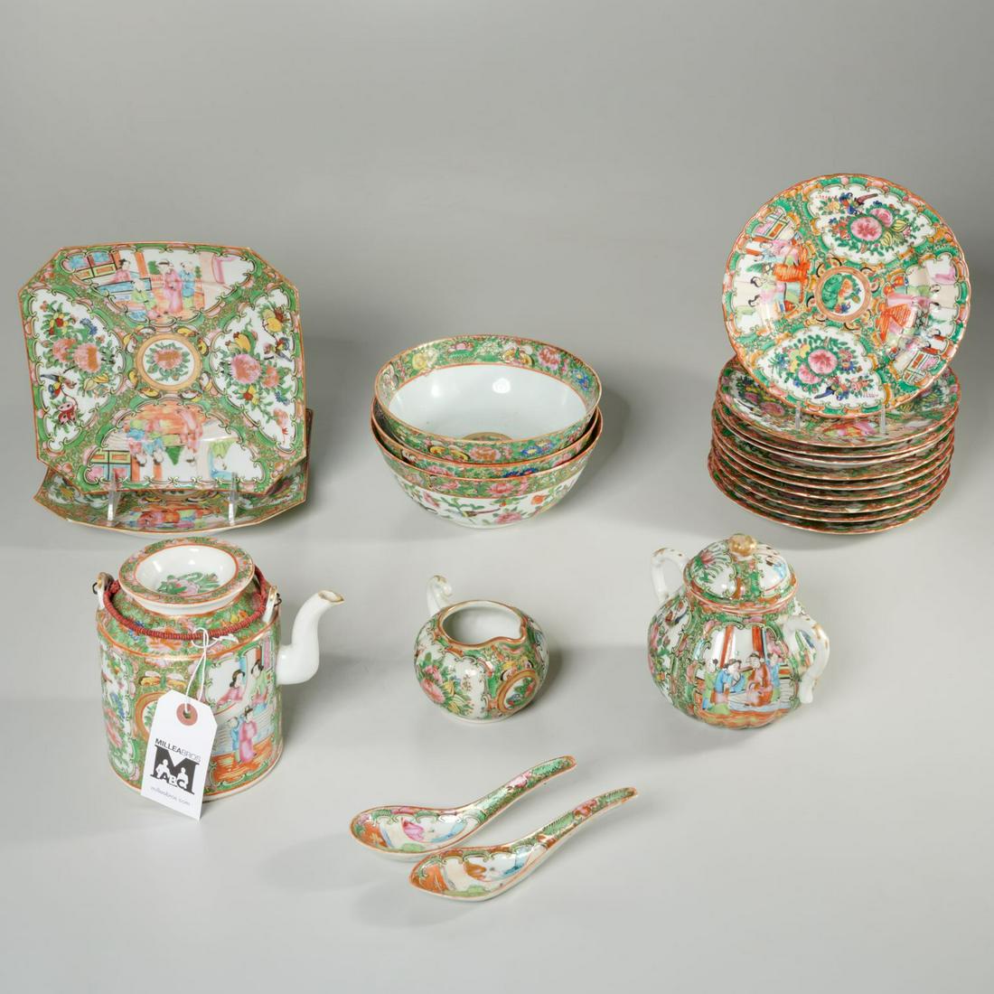 Group Chinese Export rose medallion porcelains: Group Chinese Export rose medallion porcelains, 19th/20th c., (20) pieces, polychrome enameled and gilt tablewares, incl. (2) small teapots, (3) footed bowls, (2) squared dishes, (1) creamer, (2) spoo