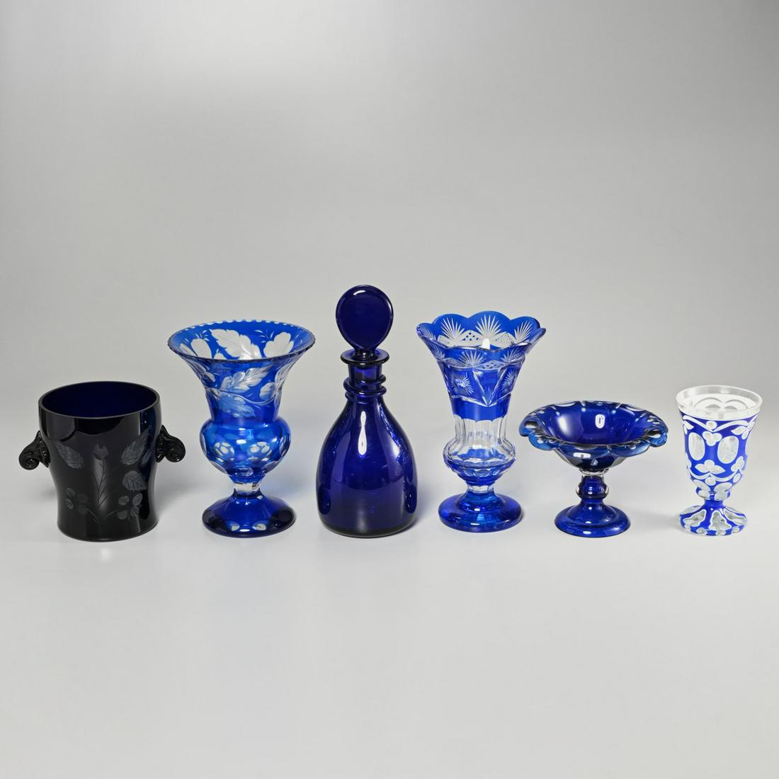 Group Bohemian and cobalt glass: Group Bohemian and cobalt glass, 19th/20th c., (6) pieces, cut to clear, flash cobalt, cut, blown, and etched glass, incl. a decanter, (3) pedestal vases, a wine cooler, and compote, and a small vase,