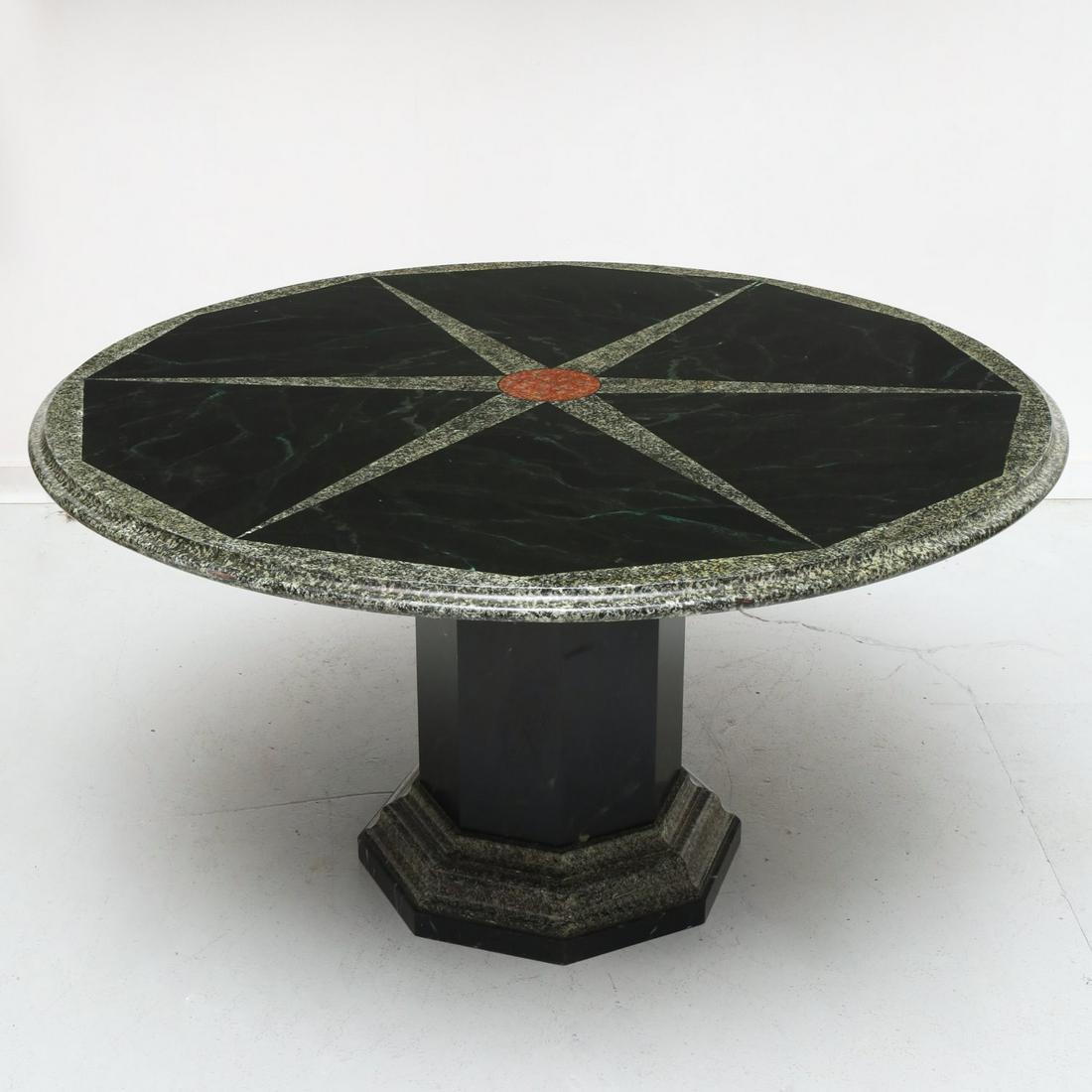 Graham Robeson, faux-painted center table: Graham Robeson, faux-painted center table, 20th c., England, polychrome painted wood, the round top and pedestal base decorated to simulate granite ad green marble inlay, top and base both stamped "Gr