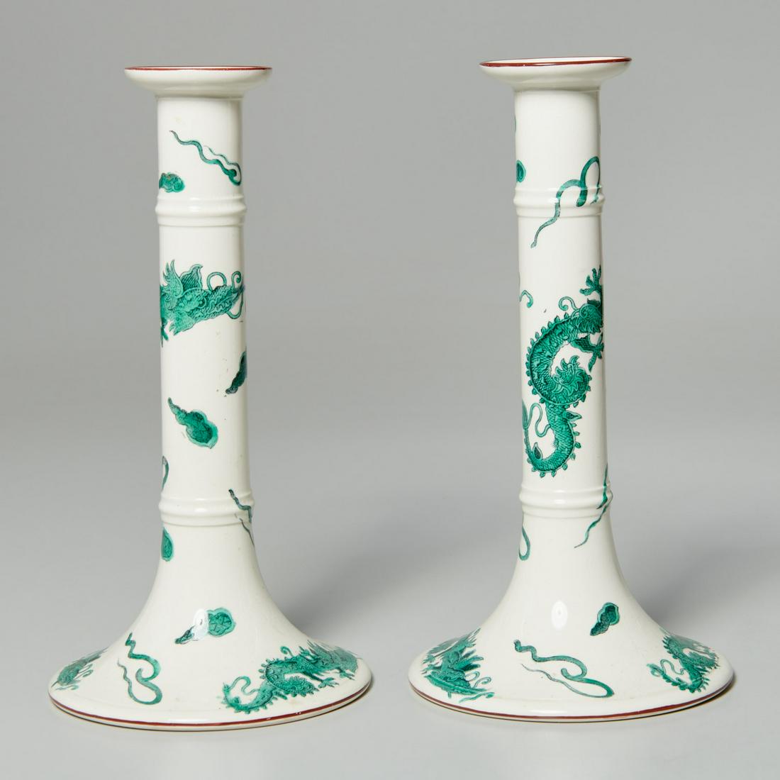 Pair Copeland Spode green dragon candlesticks: Pair Copeland Spode green dragon candlesticks, Late 19th c., English, creamware candlesticks, impressed maker's mark, with retailer's stamp "Mortlock's, Oxford Street", 10.25"h x 5.25"dia