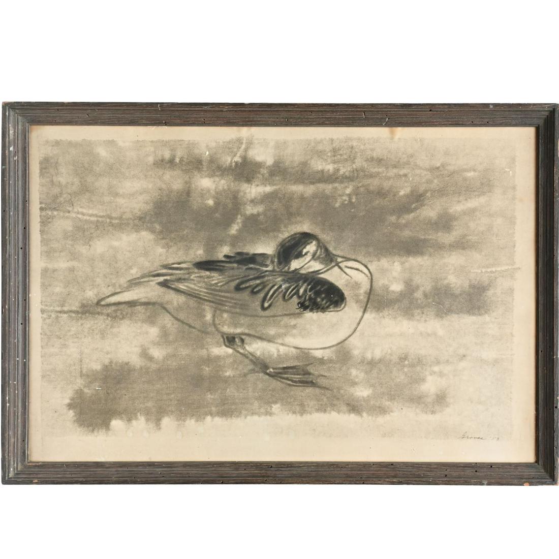 Morris Graves (after), print: Morris Graves (after), print, After Morris Graves (American, 1910-2001), "Resting Duck", vintage print, mounted on board, gallery label verso, 19.75"h x 29.75"w (sight), 22"h x 32"w (frame) Provenance