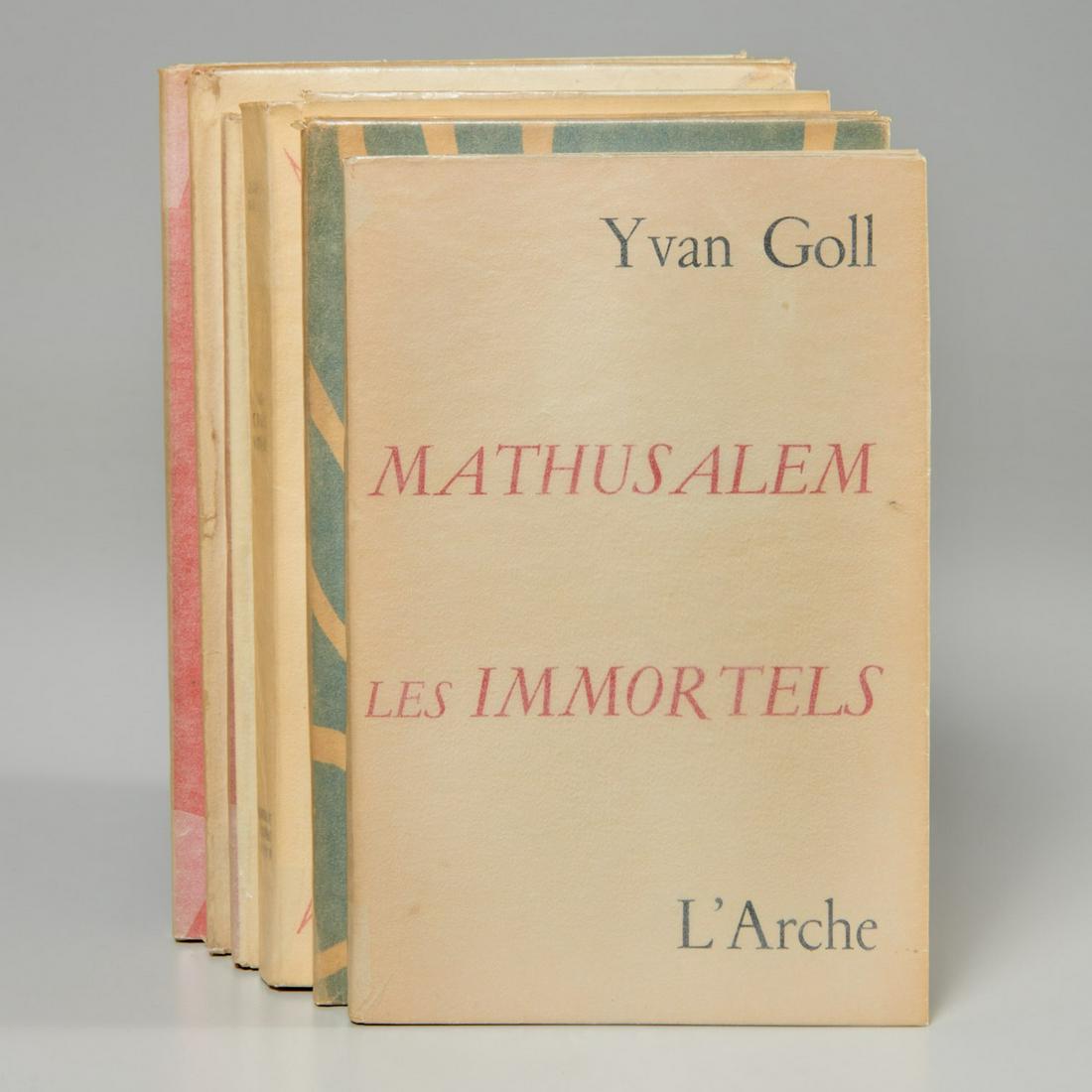 Yvan & Claire Goll, (6) signed volumes: Yvan & Claire Goll, (6) signed volumes, Each title inscribed to Marcel and Monique and signed "Claire", includes: 1) Chants Peaux Rouges, block prints by Fritz Faiss, Pierre Seghers, 1958; 2) Malaiisc