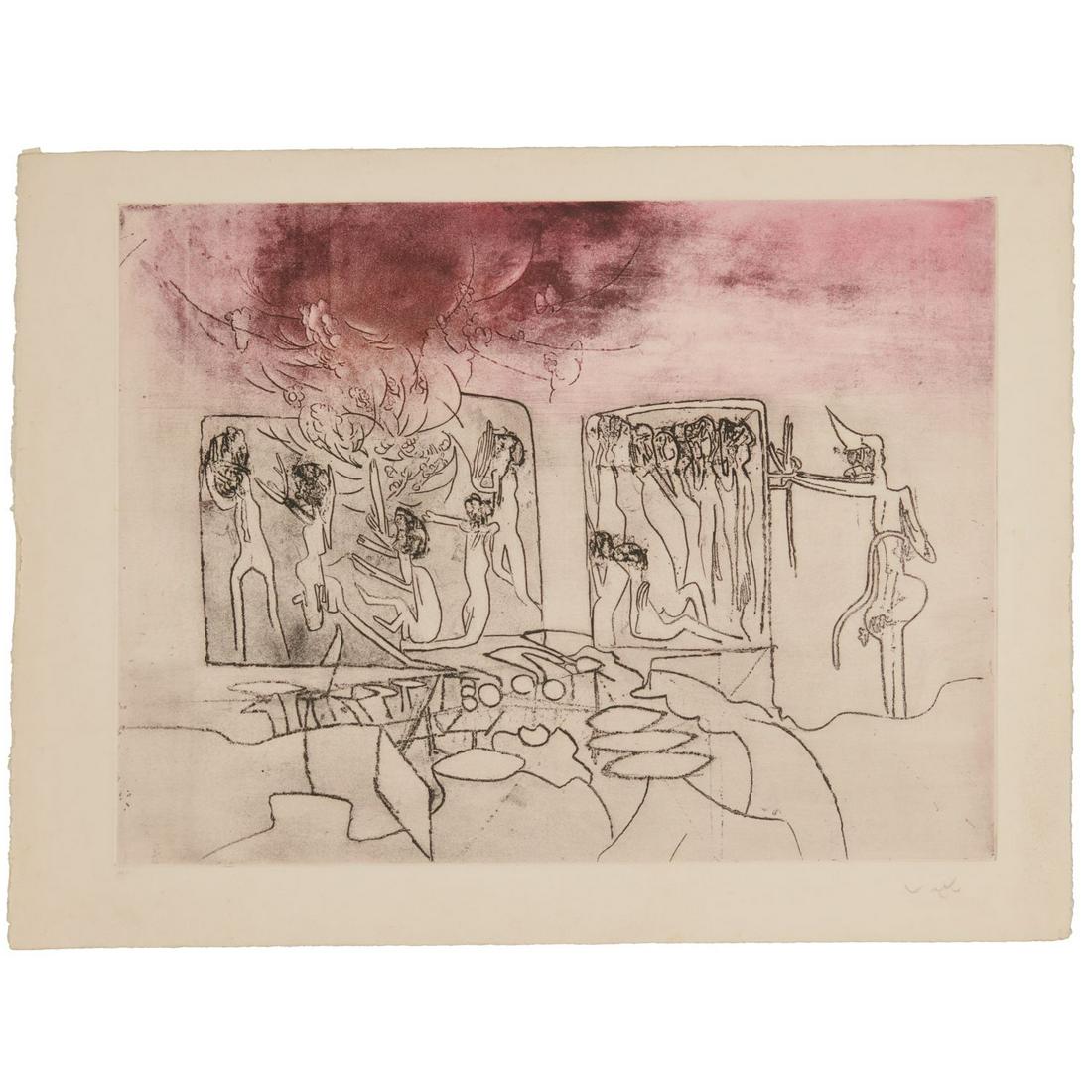 Roberto Matta, Judgements, signed etching: Roberto Matta, Judgements, signed etching, Roberto Matta (Chilean, 1911-2002), "Genocide", etching on Arches paper, signed lower right, numbered 22/100 lower left, with the three text sheets as publis