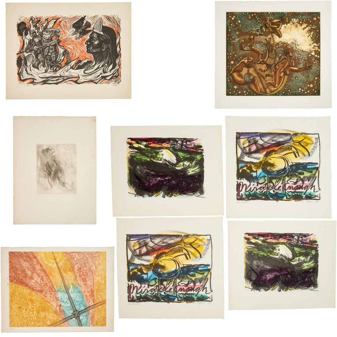 (8) signed Modernist lithographs and etchings: (8) signed Modernist lithographs and etchings, Includes (3) signed etchings: Andre Beaudin, #44/100; Fernando Casas, 1990, artist's proof; signed Nolan Perovic, #29/90; and (5) signed lithographs: Qui