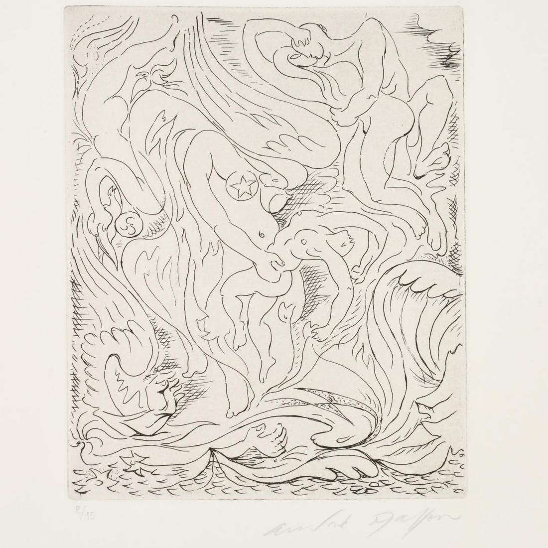 Andre Masson, signed etching: Andre Masson, signed etching, Andre Masson (French, 1895-1987), untitled etching on paper, pencil signed and numbered (2/15) lower margin, later printing by Blue Moon Press, 1972, originally published