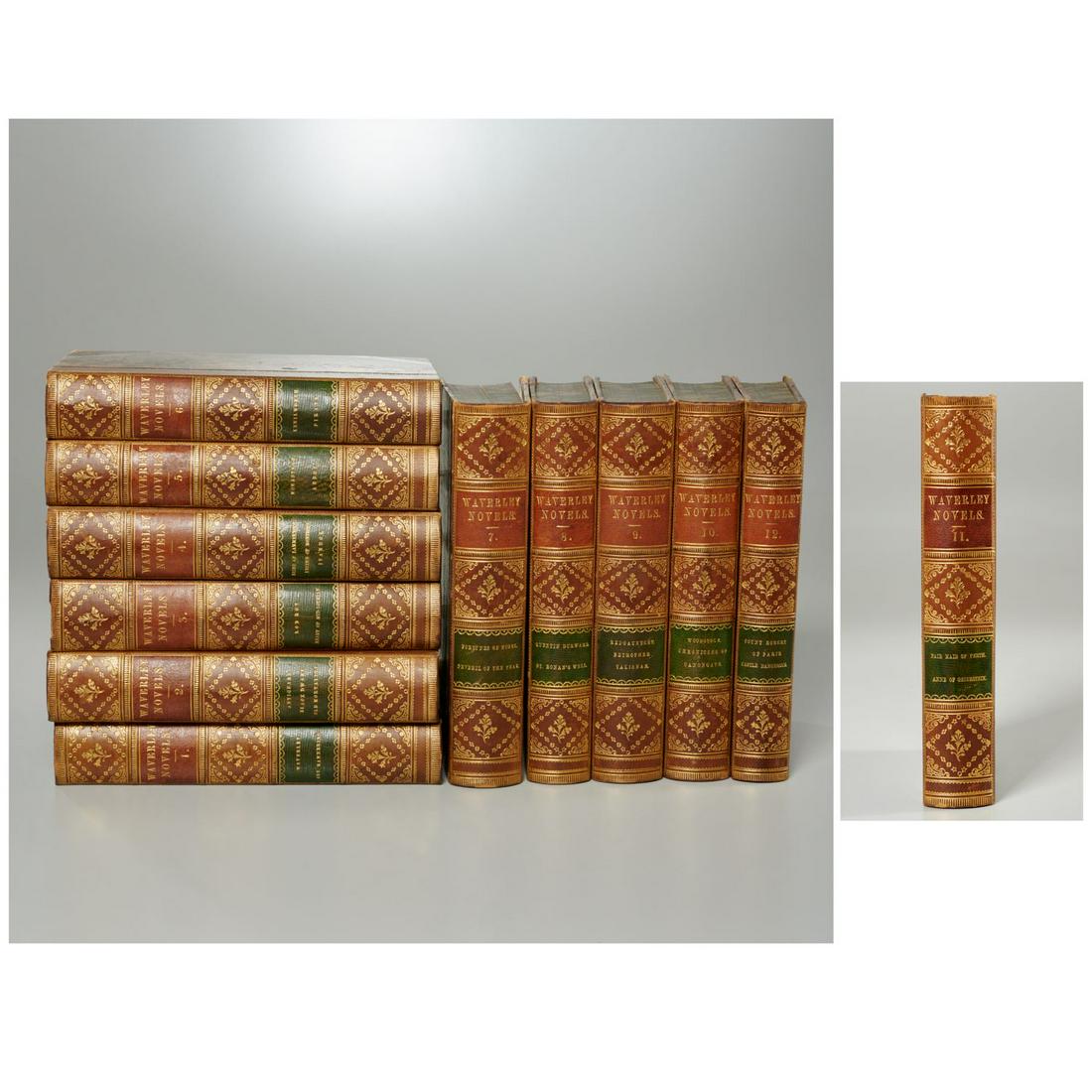 Waverly Novels, (12) vols fine leather binding: Waverly Novels, (12) vols fine leather binding, Sir Walter Scott. The Waverly Novels. J. B, Lippincott & Co., Philadelphia, 1856, Abbotsford Edition, leather spines and corners, marbled sides, endpape