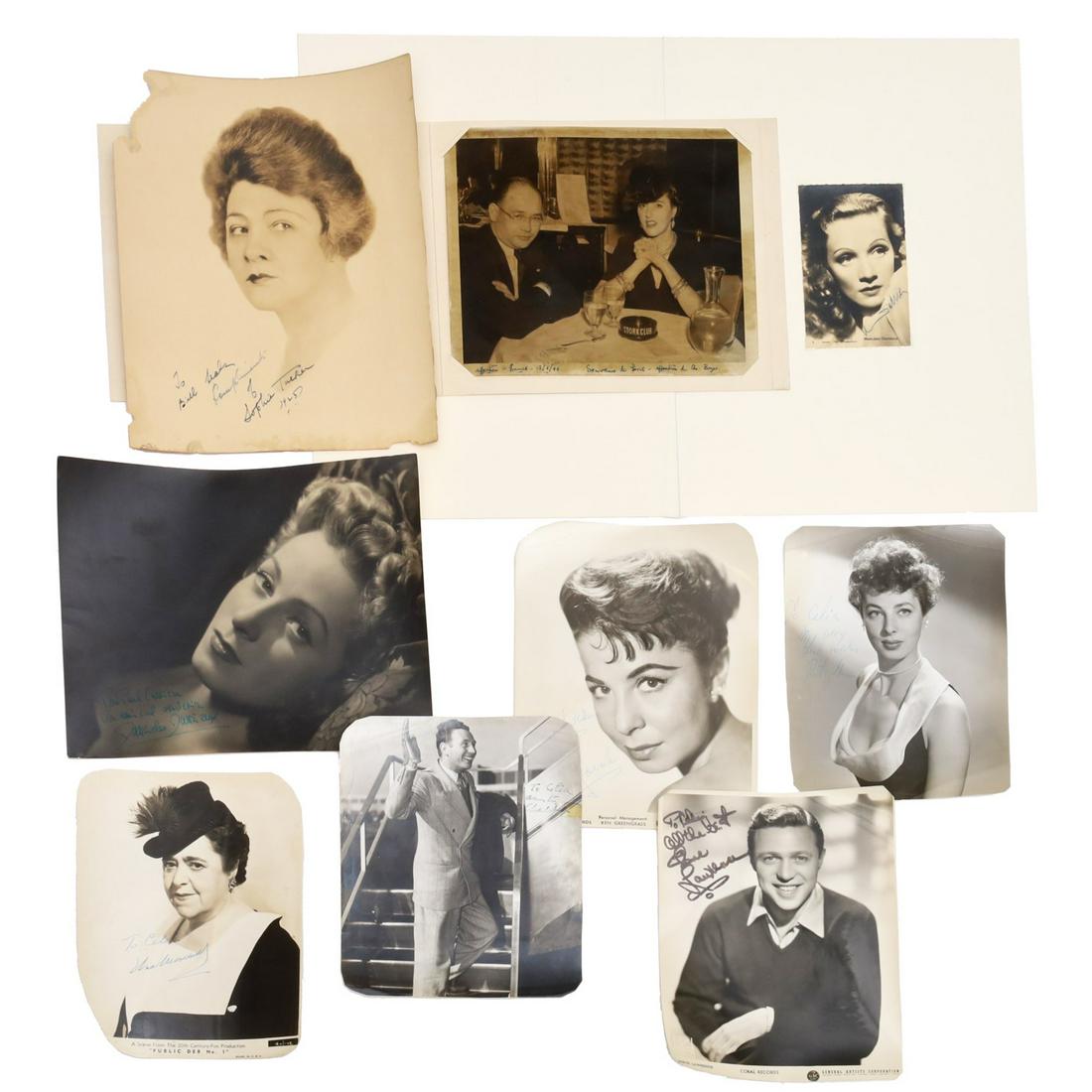 Group of autographed photos, entertainers: Group of autographed photos, entertainers, (9) photographs inscribed and/or signed by: Marlene Dietrich (photo postcard, loose mounted in mat), Charles Trenet, Elsa Maxwell, Edie Gormet, Steve Lawrenc
