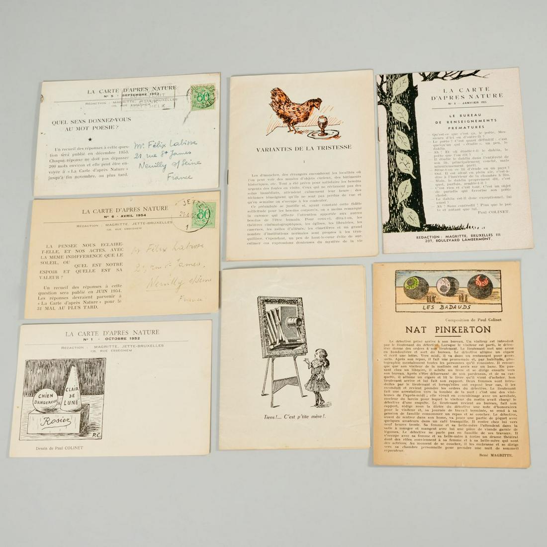 Magritte, (6) issues La Carte d'Apres Nature: Magritte, (6) issues La Carte d'Apres Nature, Surrealist journal as postcards and booklets, numbers 1, 4, 5, 6, 8 and 9 edited and published by Rene Magritte, 1952-55, with text and drawings by himsel