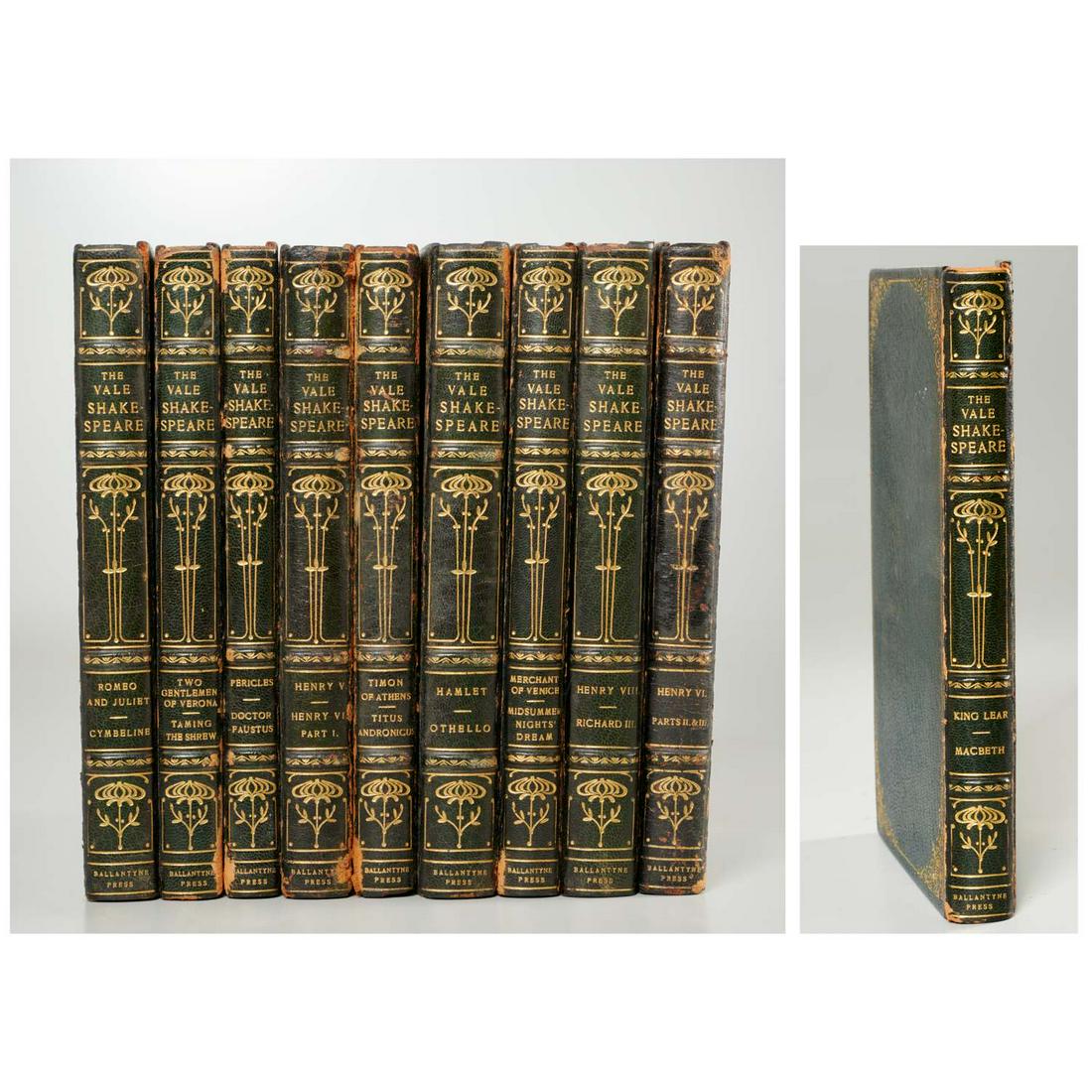 The Vale Shakespeare, (10) vols, leather binding: The Vale Shakespeare, (10) vols, leather binding, The Ballantyne Press, 1900-1903, leather bindings by Whitman Bennett, N.Y, with marbled endpapers, 18 titles bound in 9 vols.: Two Gentlemen of Verona