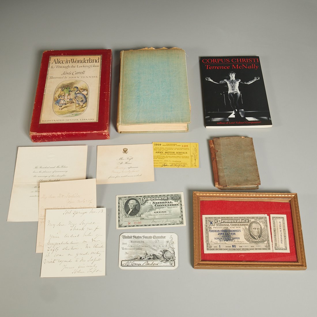 Group ephemera, autographs, books: Group ephemera, autographs, booksIncludes: (2) signed notes from President Taft's wife, Helen, to Mrs. John C. Scofield; Scofield's 1919 Army Motor Service ID card; Receiving card from Mrs. Taft, marr