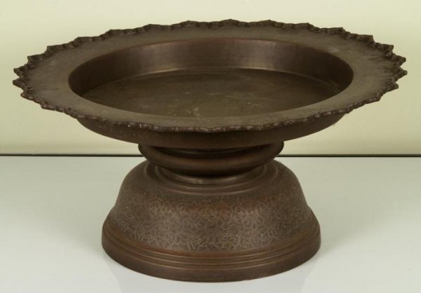 Thai engraved brass offering tray: Thai engraved brass offering tray, Bangkok Period, with engraved floral decoration, 10"h x 20.5"dia. Provenance: Doris Duke's Southeast Asian Art Collection