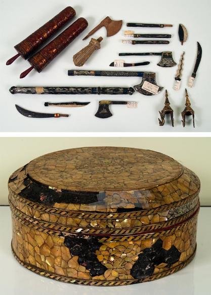 Group antique Thai mother-of-pearl and mirror inla: Group antique Thai mother-of-pearl and mirror inlaid accessories, 19/20th century, including: (1) mother-of-pearl inlaid offering box; (2) gilt metal Thai crowns; (14) miniature weapon models, etc., b